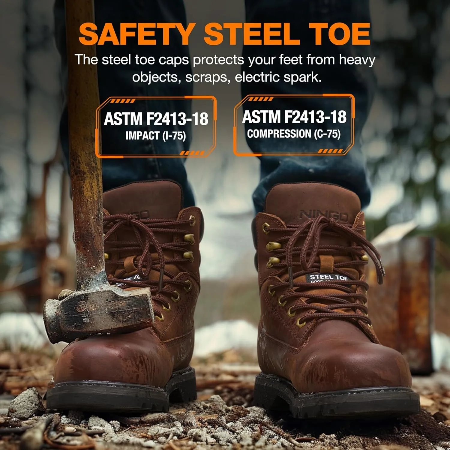 NINGO Steel Toe Work Boots for Men, Waterproof Comfortable Leather Industrial & Construction Boots, Oil & Slip Resistance Safety Shoes with EH Protection, for Outdoor Factories Warehouses Farms