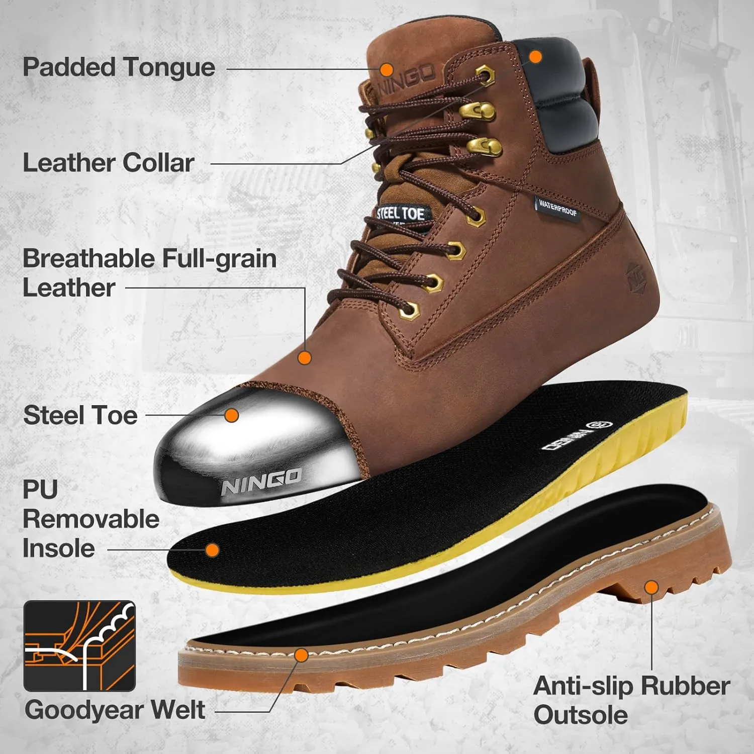 NINGO Steel Toe Work Boots for Men, Waterproof Comfortable Leather Industrial & Construction Boots, Oil & Slip Resistance Safety Shoes with EH Protection, for Outdoor Factories Warehouses Farms