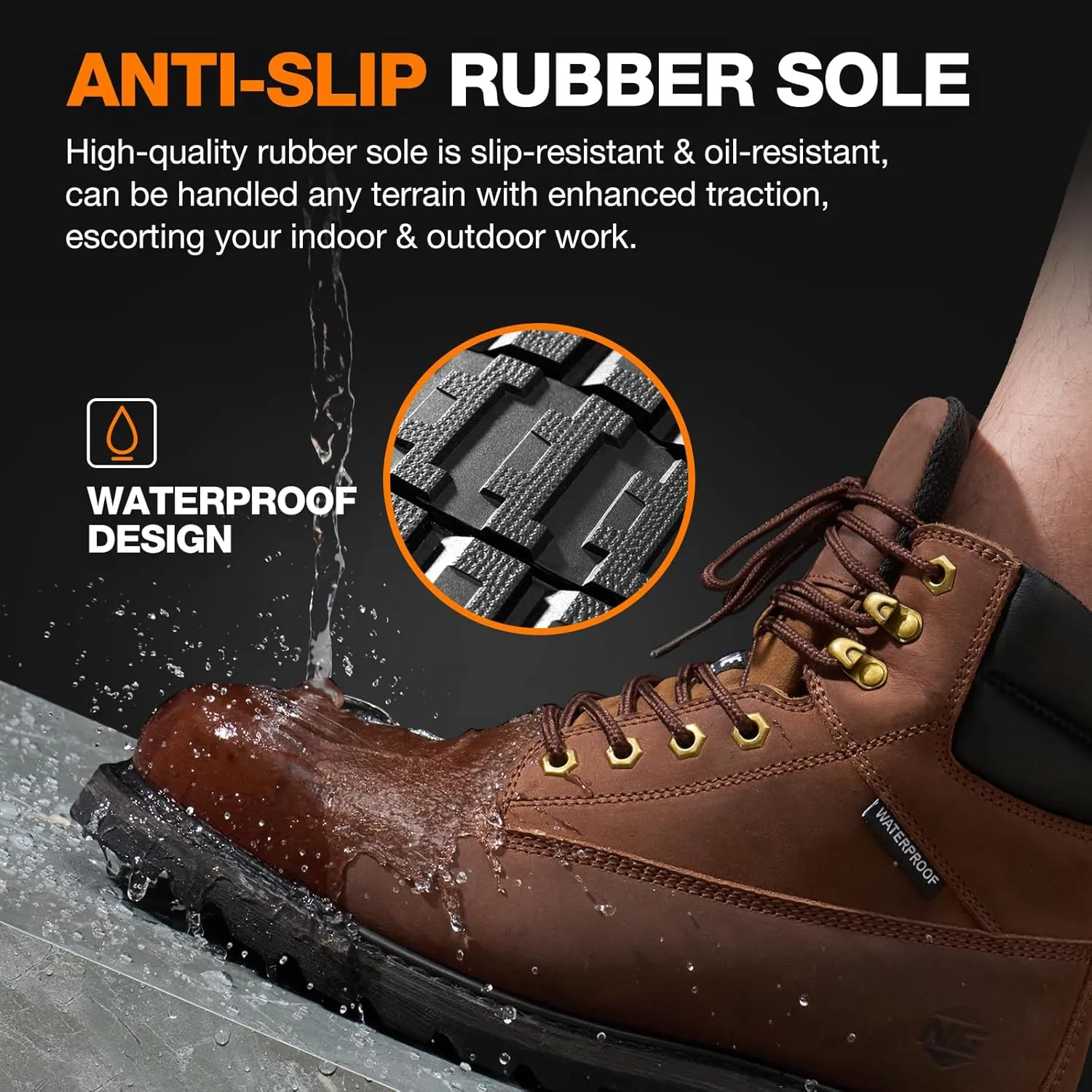 NINGO Steel Toe Work Boots for Men, Waterproof Comfortable Leather Industrial & Construction Boots, Oil & Slip Resistance Safety Shoes with EH Protection, for Outdoor Factories Warehouses Farms