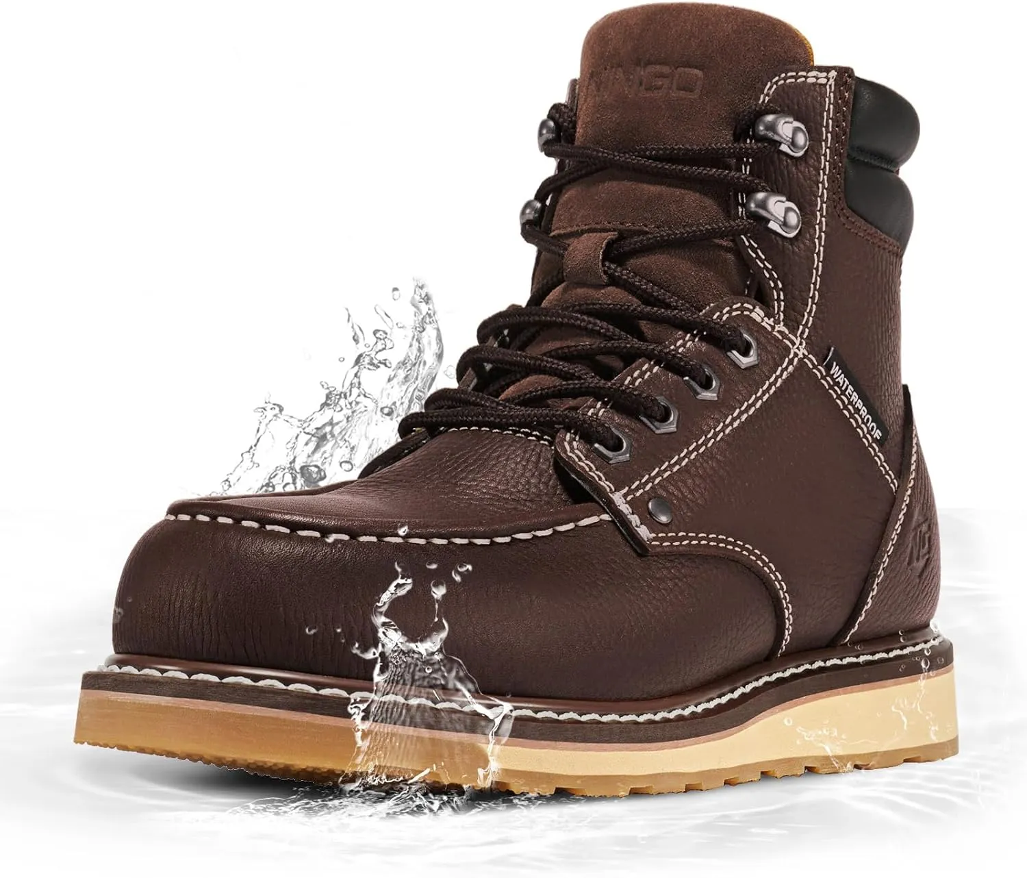 NINGO Steel/Soft Toe Work Boots for Men, 6 Inch Waterproof Mens Wedge Moc Toe Boots, Full-Grain Leather, Oil and Slip-Resistant Safety Boots, EH Protection,Work Boots for Construction, Industrial
