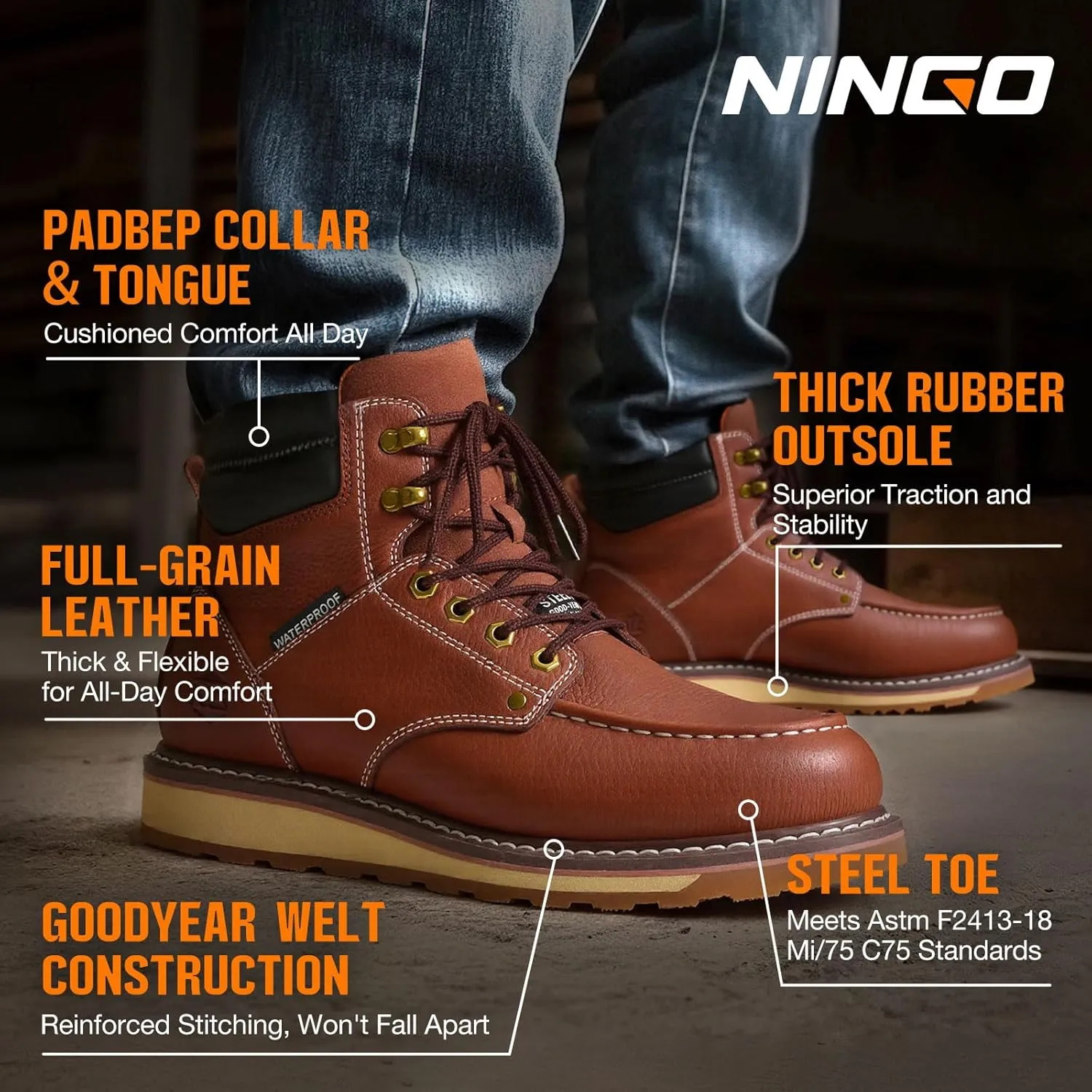 NINGO Steel/Soft Toe Work Boots for Men, 6 Inch Waterproof Mens Wedge Moc Toe Boots, Full-Grain Leather, Oil and Slip-Resistant Safety Boots, EH Protection,Work Boots for Construction, Industrial