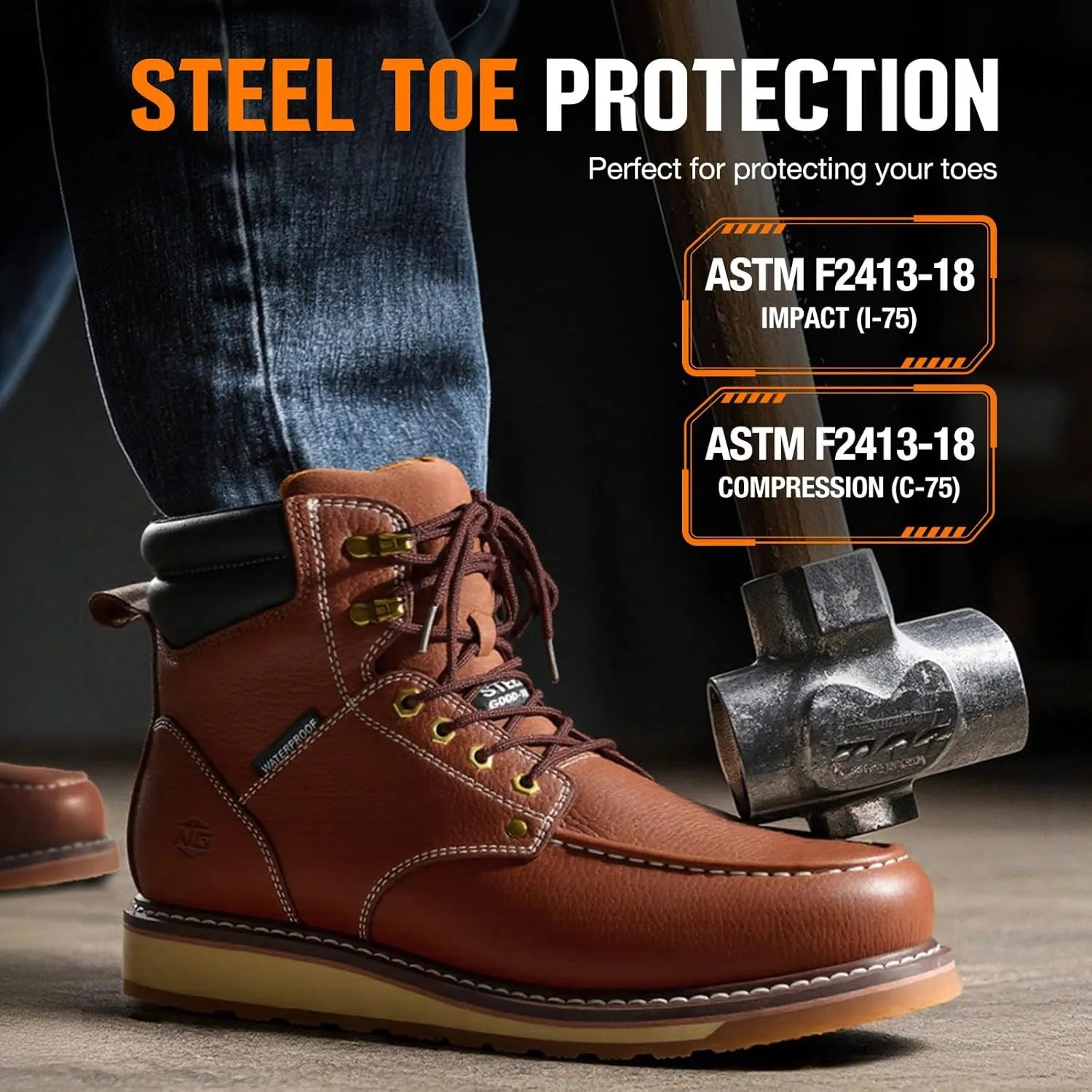NINGO Steel/Soft Toe Work Boots for Men, 6 Inch Waterproof Mens Wedge Moc Toe Boots, Full-Grain Leather, Oil and Slip-Resistant Safety Boots, EH Protection,Work Boots for Construction, Industrial