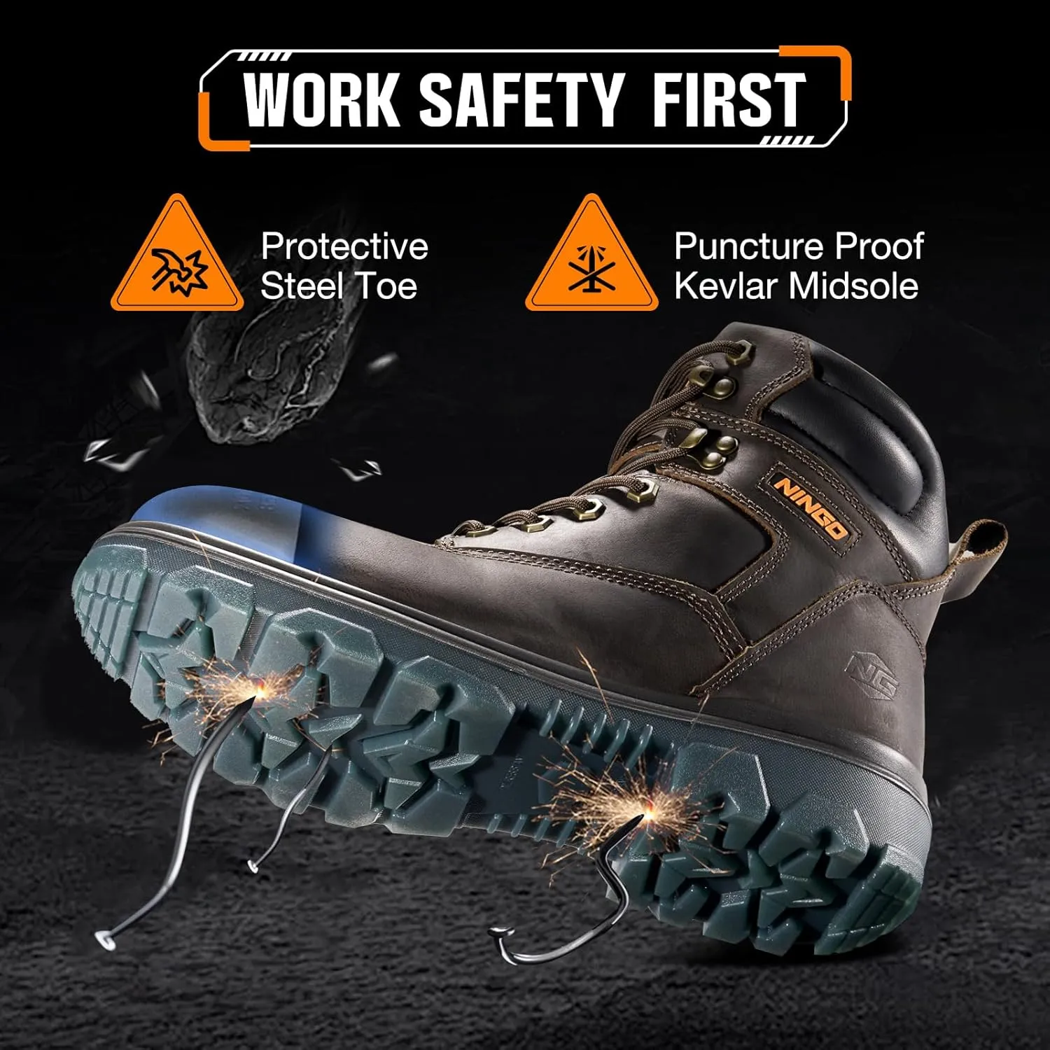 NINGO Work Boots for Men, Steel Toe Waterproof Boots with Puncture Proof, Oil & Slip Resistant, Comfortable Mens Construction Boot with EH Protection, Leather Shoes for Industrial