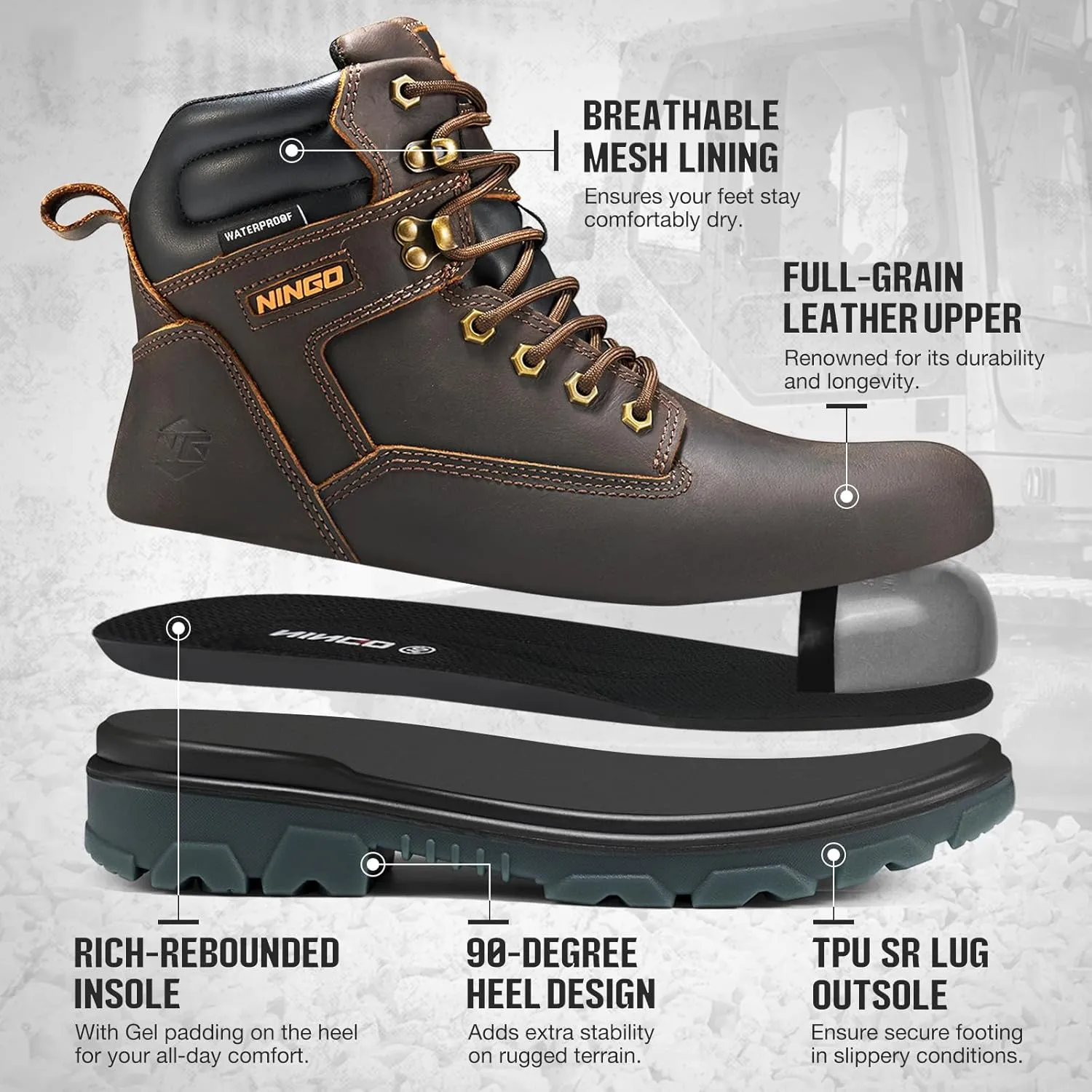 NINGO Work Boots for Men, Steel Toe Waterproof Boots with Puncture Proof, Oil & Slip Resistant, Comfortable Mens Construction Boot with EH Protection, Leather Shoes for Industrial