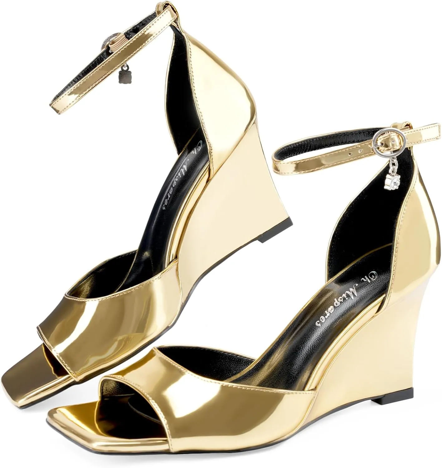 Oh Mispares Black Wedge Heels for Women Square Toe Sandals Ankle Strap 3.5 Inch Elegant Wedding Sandals for Brides