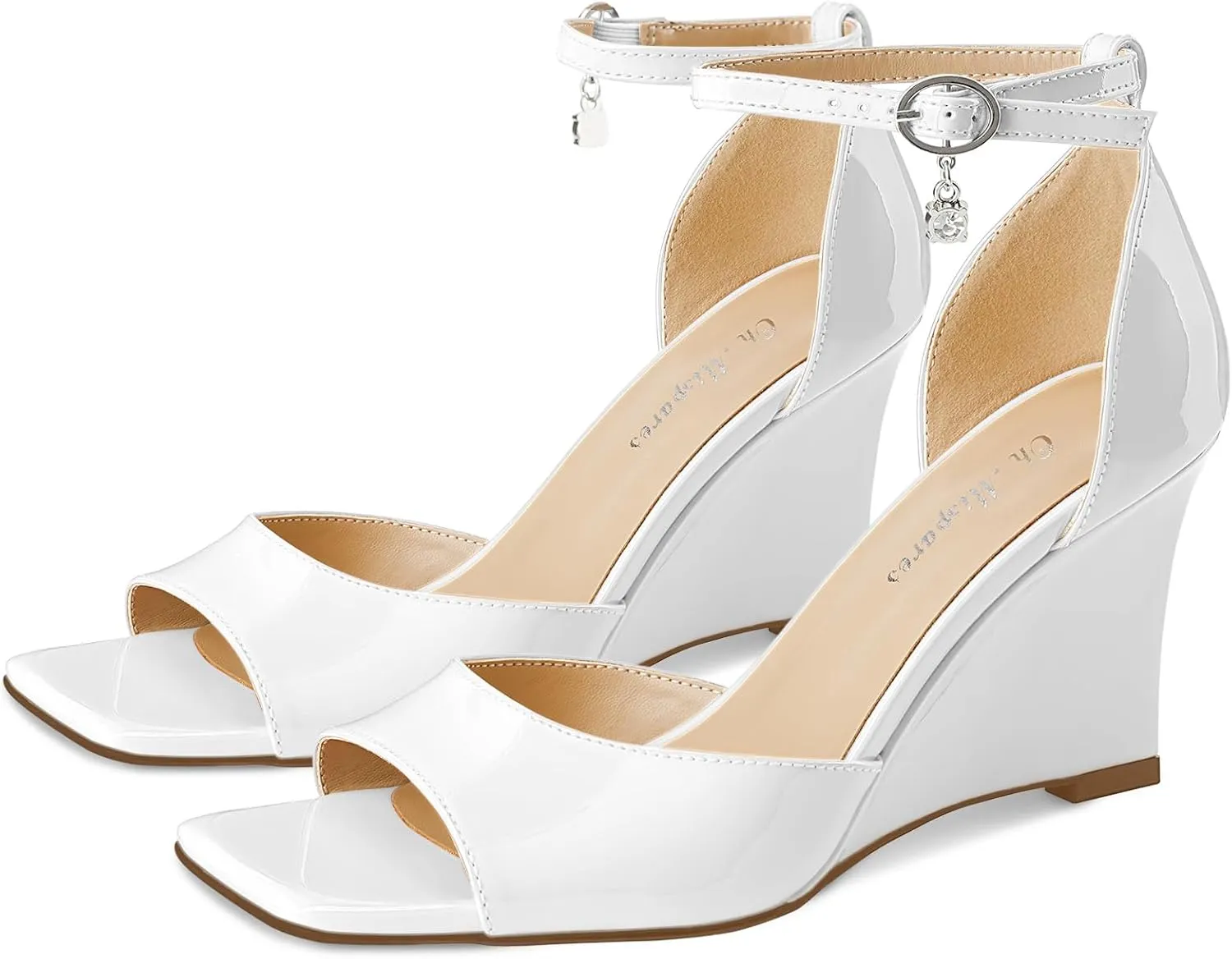 Oh Mispares Black Wedge Heels for Women Square Toe Sandals Ankle Strap 3.5 Inch Elegant Wedding Sandals for Brides