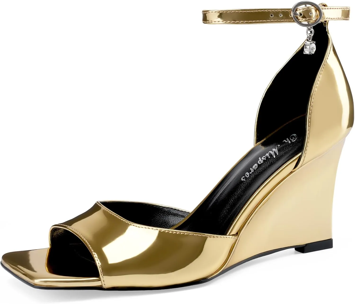 Oh Mispares Black Wedge Heels for Women Square Toe Sandals Ankle Strap 3.5 Inch Elegant Wedding Sandals for Brides