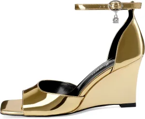 Oh Mispares Black Wedge Heels for Women Square Toe Sandals Ankle Strap 3.5 Inch Elegant Wedding Sandals for Brides