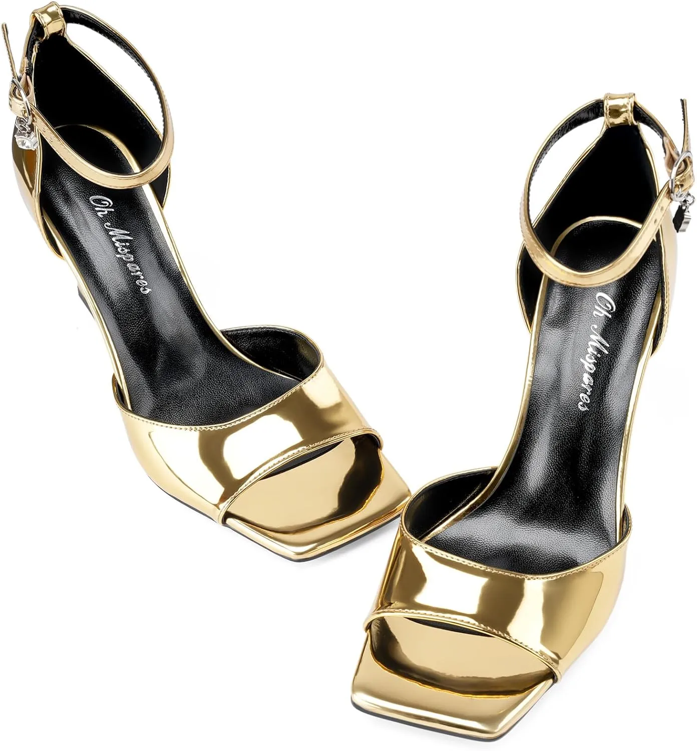Oh Mispares Black Wedge Heels for Women Square Toe Sandals Ankle Strap 3.5 Inch Elegant Wedding Sandals for Brides