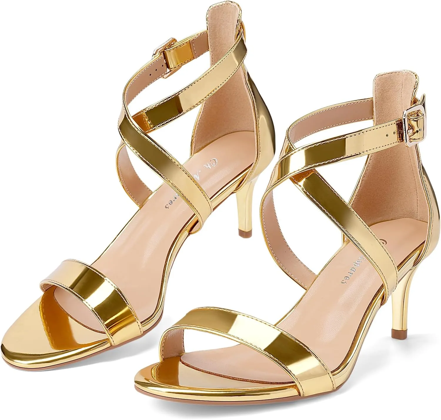 Oh Mispares Women’s Heeled Sandals Round Open Toe Mid Stiletto Heel Adjustable Crossover Straps Buckle Patent Leather Summer Dress Shoes Wedding Party Prom