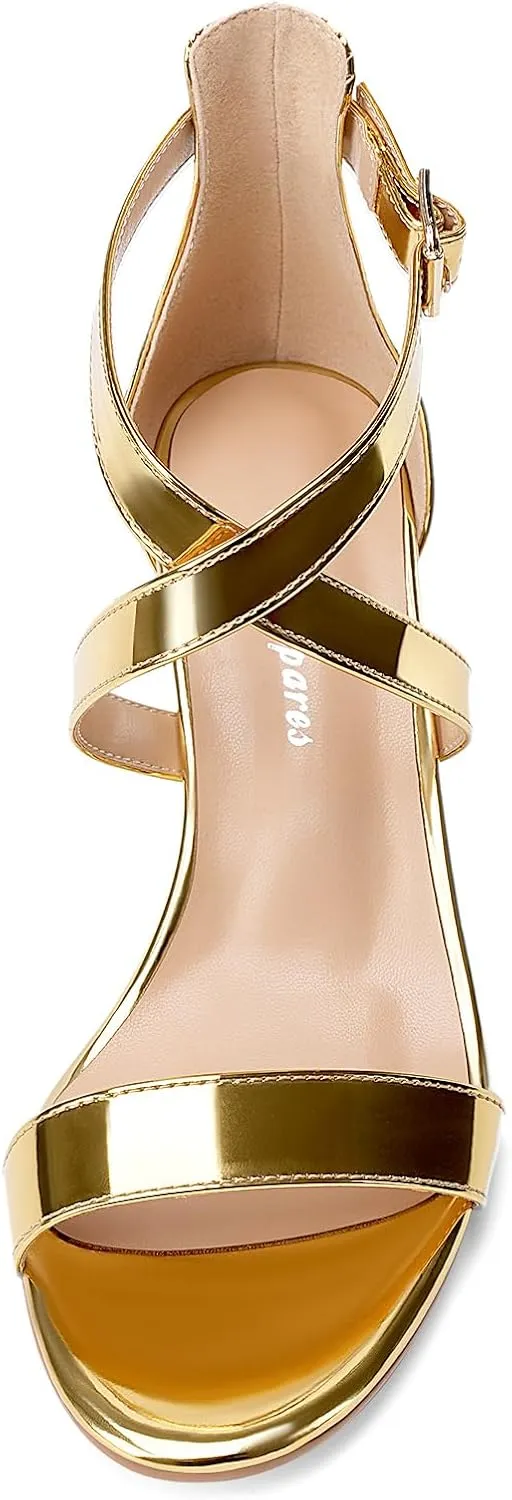 Oh Mispares Women’s Heeled Sandals Round Open Toe Mid Stiletto Heel Adjustable Crossover Straps Buckle Patent Leather Summer Dress Shoes Wedding Party Prom