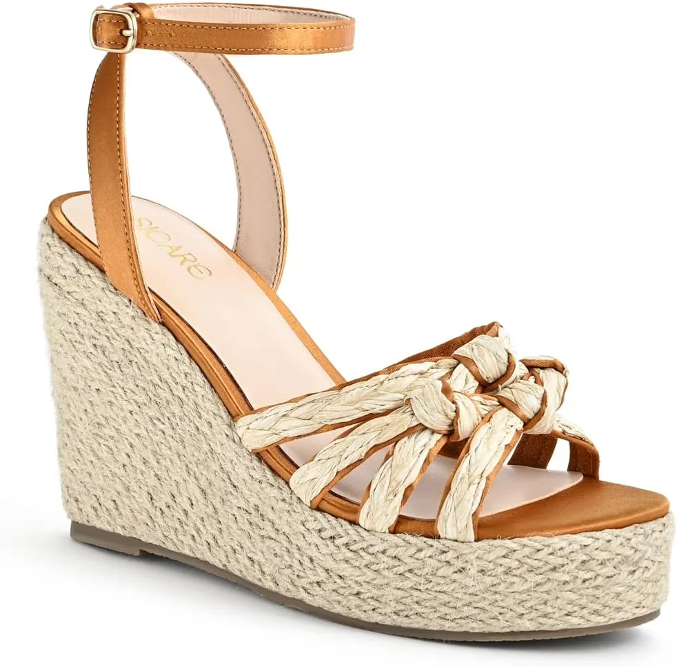 Open Toe Wedge Sandals for Women Espadrilles Platform Braided Strappy Sandals Comfortable Slip on High Heel Summer Wedges Sandals Dressy Shoes with Adjustable Ankle Strap