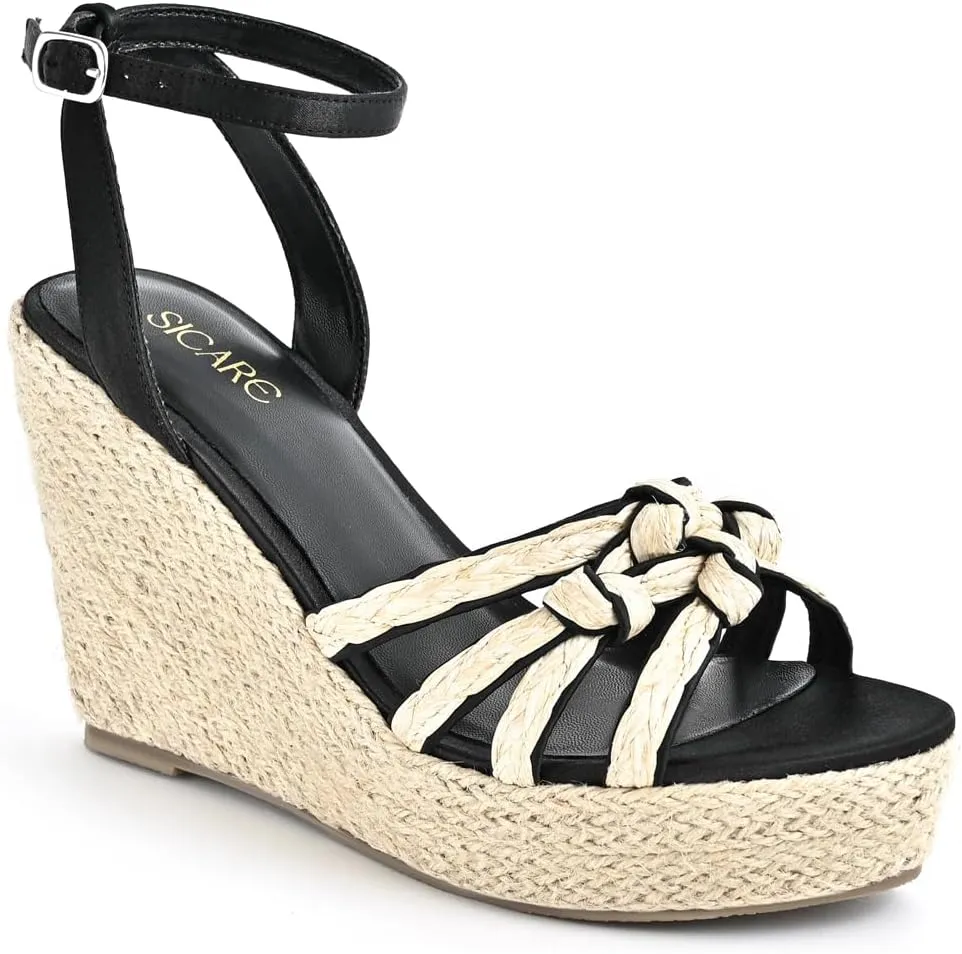 Open Toe Wedge Sandals for Women Espadrilles Platform Braided Strappy Sandals Comfortable Slip on High Heel Summer Wedges Sandals Dressy Shoes with Adjustable Ankle Strap