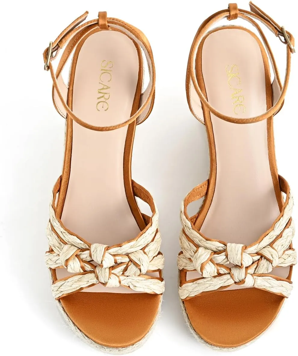 Open Toe Wedge Sandals for Women Espadrilles Platform Braided Strappy Sandals Comfortable Slip on High Heel Summer Wedges Sandals Dressy Shoes with Adjustable Ankle Strap