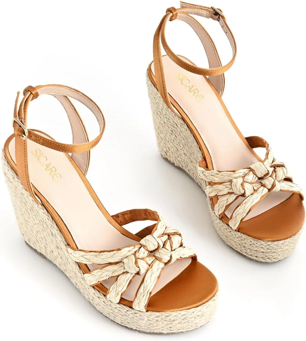 Open Toe Wedge Sandals for Women Espadrilles Platform Braided Strappy Sandals Comfortable Slip on High Heel Summer Wedges Sandals Dressy Shoes with Adjustable Ankle Strap