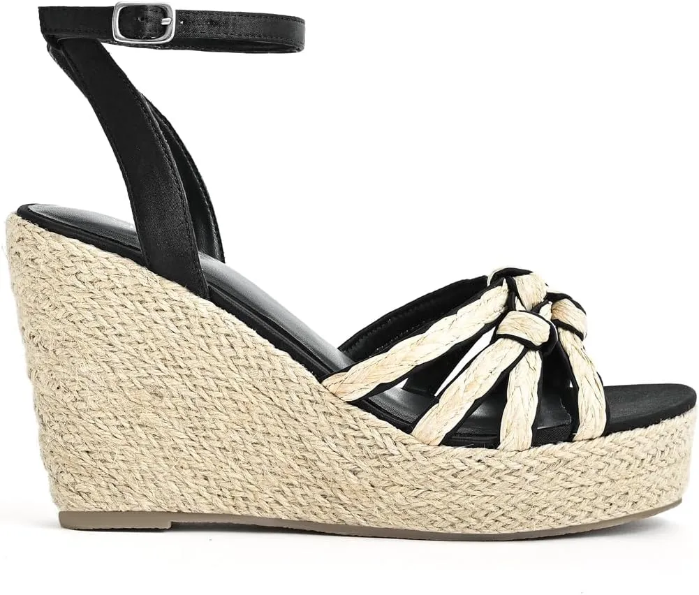 Open Toe Wedge Sandals for Women Espadrilles Platform Braided Strappy Sandals Comfortable Slip on High Heel Summer Wedges Sandals Dressy Shoes with Adjustable Ankle Strap