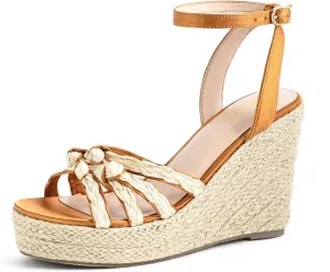 Open Toe Wedge Sandals for Women Espadrilles Platform Braided Strappy Sandals Comfortable Slip on High Heel Summer Wedges Sandals Dressy Shoes with Adjustable Ankle Strap