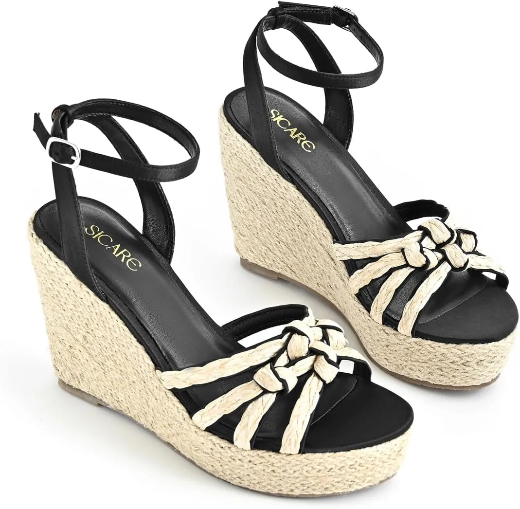 Open Toe Wedge Sandals for Women Espadrilles Platform Braided Strappy Sandals Comfortable Slip on High Heel Summer Wedges Sandals Dressy Shoes with Adjustable Ankle Strap