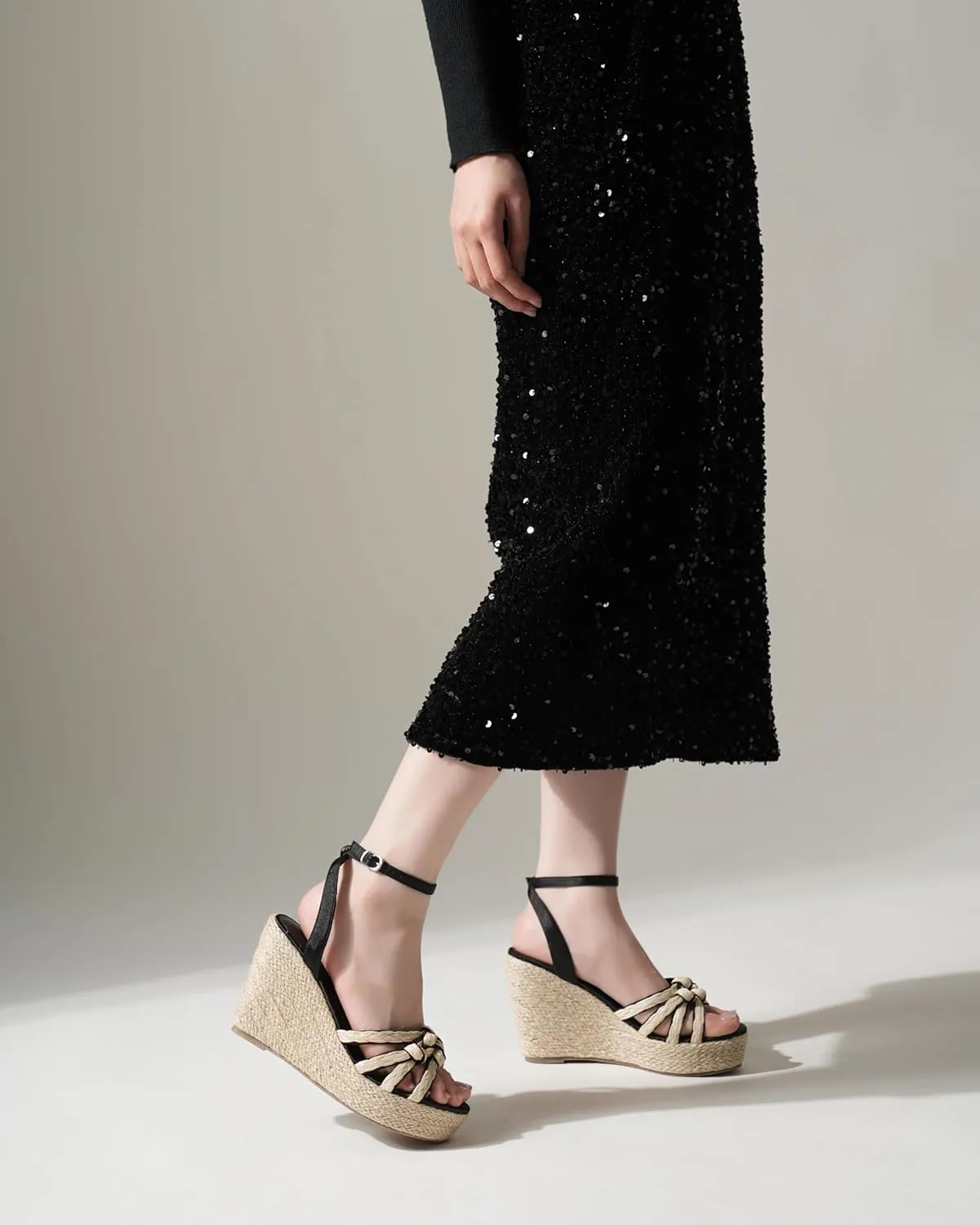 Open Toe Wedge Sandals for Women Espadrilles Platform Braided Strappy Sandals Comfortable Slip on High Heel Summer Wedges Sandals Dressy Shoes with Adjustable Ankle Strap