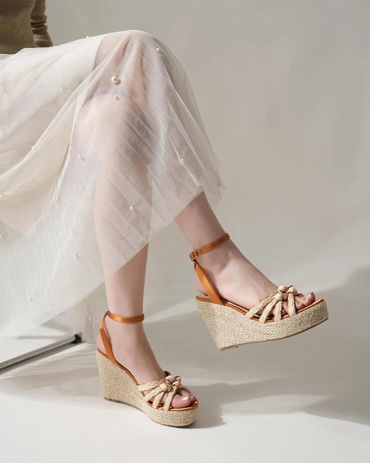 Open Toe Wedge Sandals for Women Espadrilles Platform Braided Strappy Sandals Comfortable Slip on High Heel Summer Wedges Sandals Dressy Shoes with Adjustable Ankle Strap