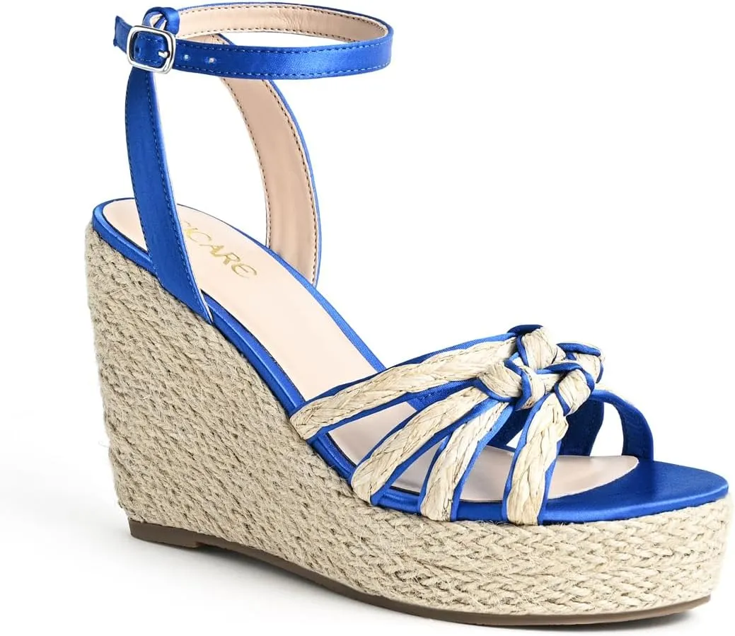 Open Toe Wedge Sandals for Women Espadrilles Platform Braided Strappy Sandals Comfortable Slip on High Heel Summer Wedges Sandals Dressy Shoes with Adjustable Ankle Strap