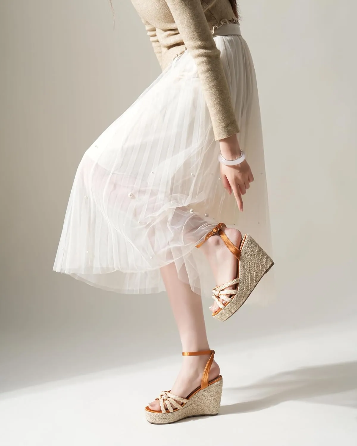 Open Toe Wedge Sandals for Women Espadrilles Platform Braided Strappy Sandals Comfortable Slip on High Heel Summer Wedges Sandals Dressy Shoes with Adjustable Ankle Strap