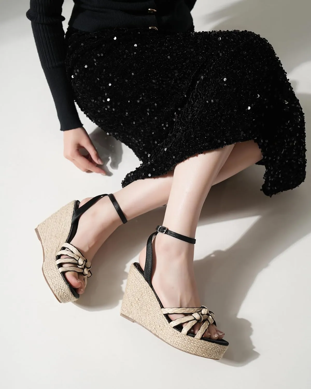 Open Toe Wedge Sandals for Women Espadrilles Platform Braided Strappy Sandals Comfortable Slip on High Heel Summer Wedges Sandals Dressy Shoes with Adjustable Ankle Strap