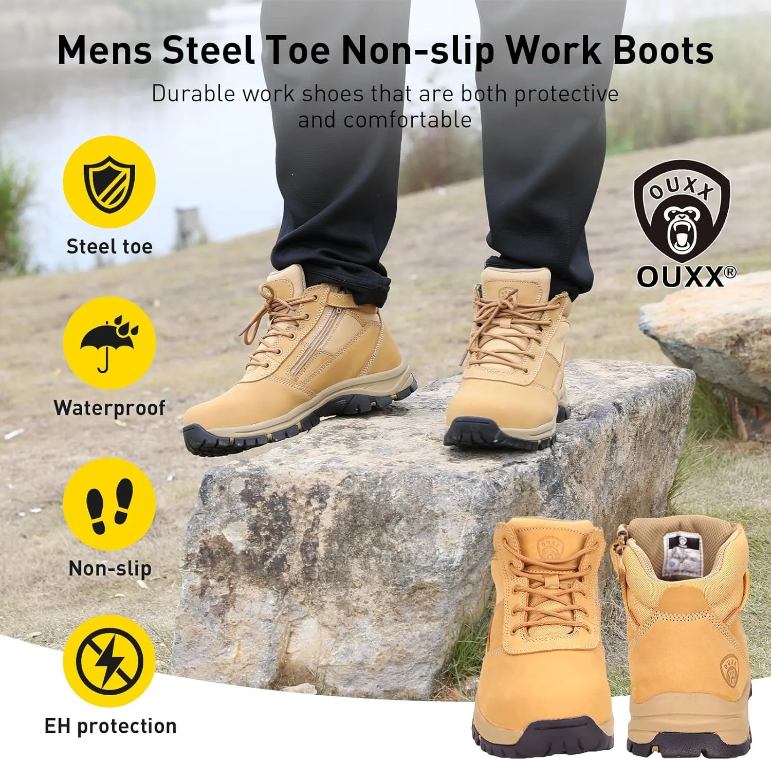 OUXX Mens Work Boots, Side Zipper, Steel Toe Shoes, Anti-Slip Rubber Sole, Puncture-Proof(OX2518)