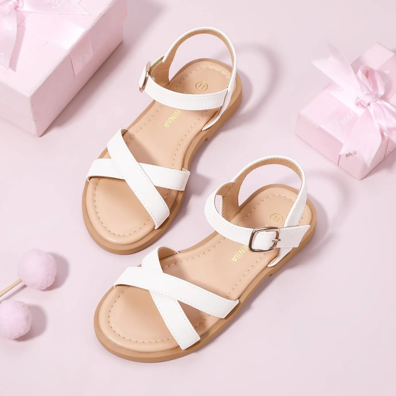 PANDANINJIA Elva Girls Sandals Open Toe Cute Flats Dress Sandals Cross Strappy Summer Shoes Toddler/Little Kid/Big Kid