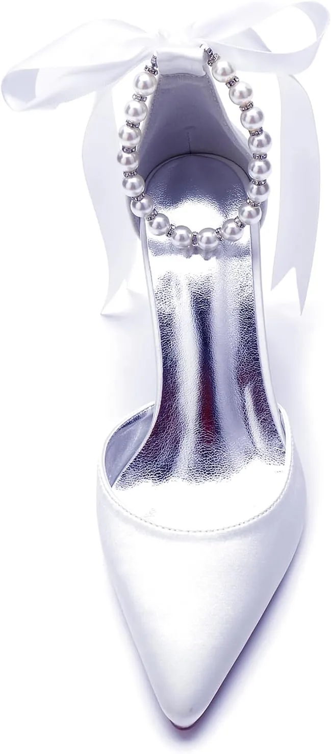 Pointed Toe Wedding Block Heels 9CM Shoes Pearl Ankle Buckle Bridal Sandals Satin Bowknot Strap Evening Party Dress Pumps Beaded