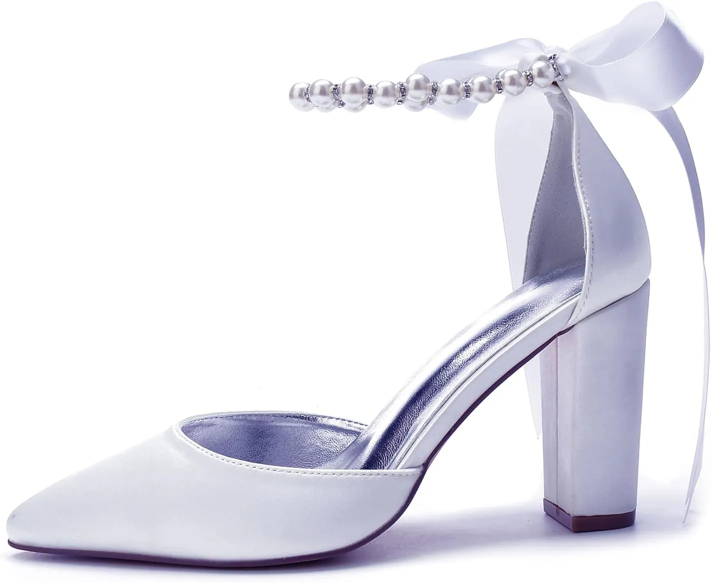 Pointed Toe Wedding Block Heels 9CM Shoes Pearl Ankle Buckle Bridal Sandals Satin Bowknot Strap Evening Party Dress Pumps Beaded
