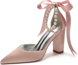 Pointed Toe Wedding Block Heels 9CM Shoes Pearl Ankle Buckle Bridal Sandals Satin Bowknot Strap Evening Party Dress Pumps Beaded,Dusty Rose,10