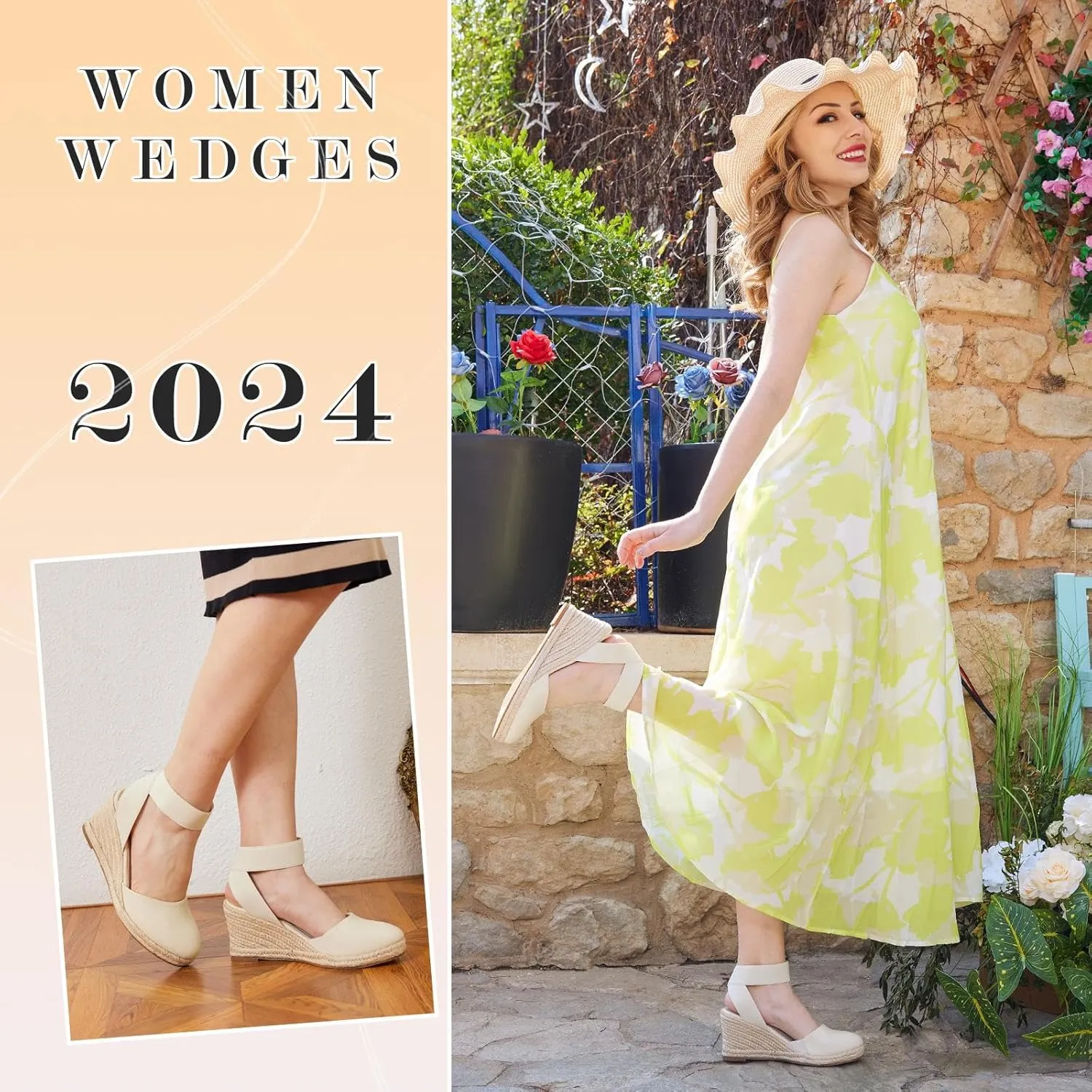 Putu Espadrilles Wedges for Women Closed Toe Wedge Sandals Elastic Ankle Strap Wedge Shoes