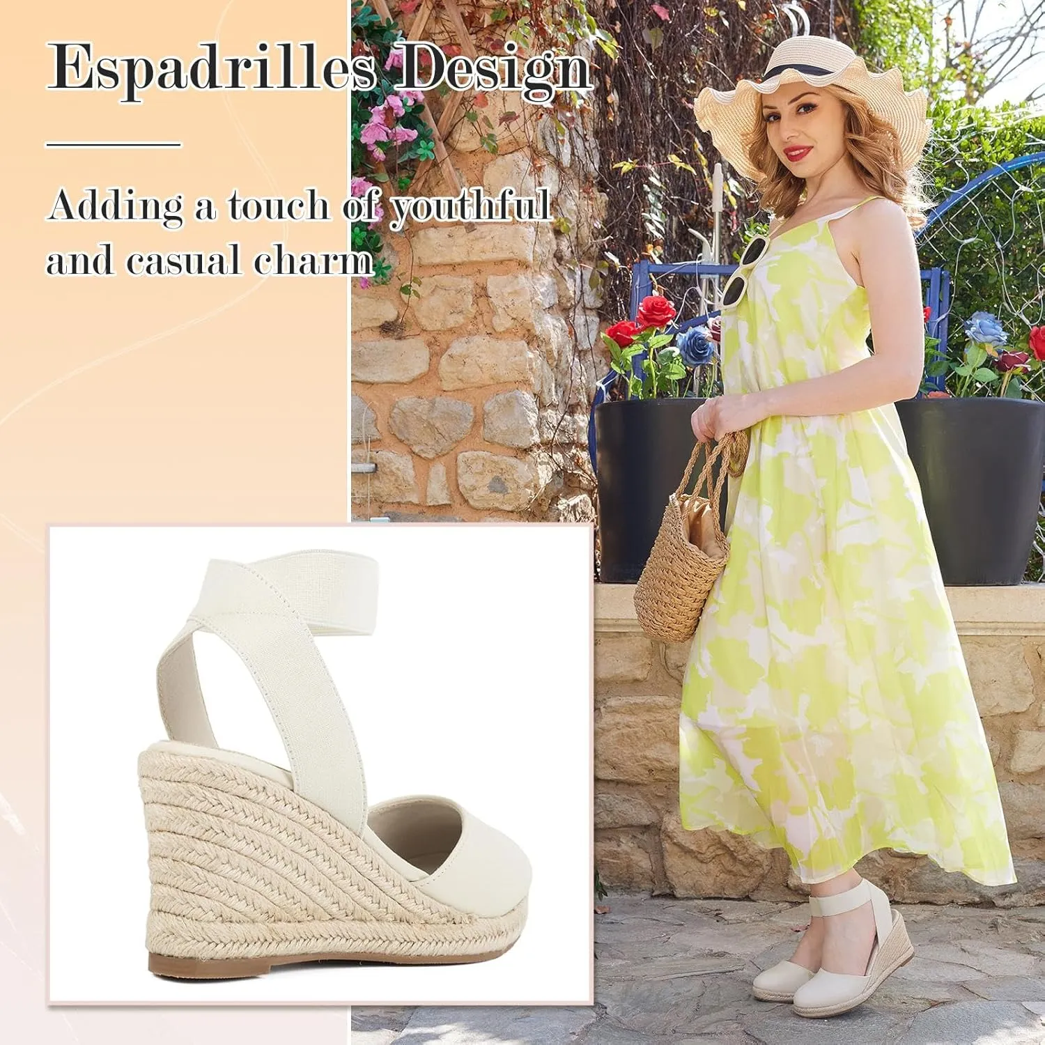 Putu Espadrilles Wedges for Women Closed Toe Wedge Sandals Elastic Ankle Strap Wedge Shoes