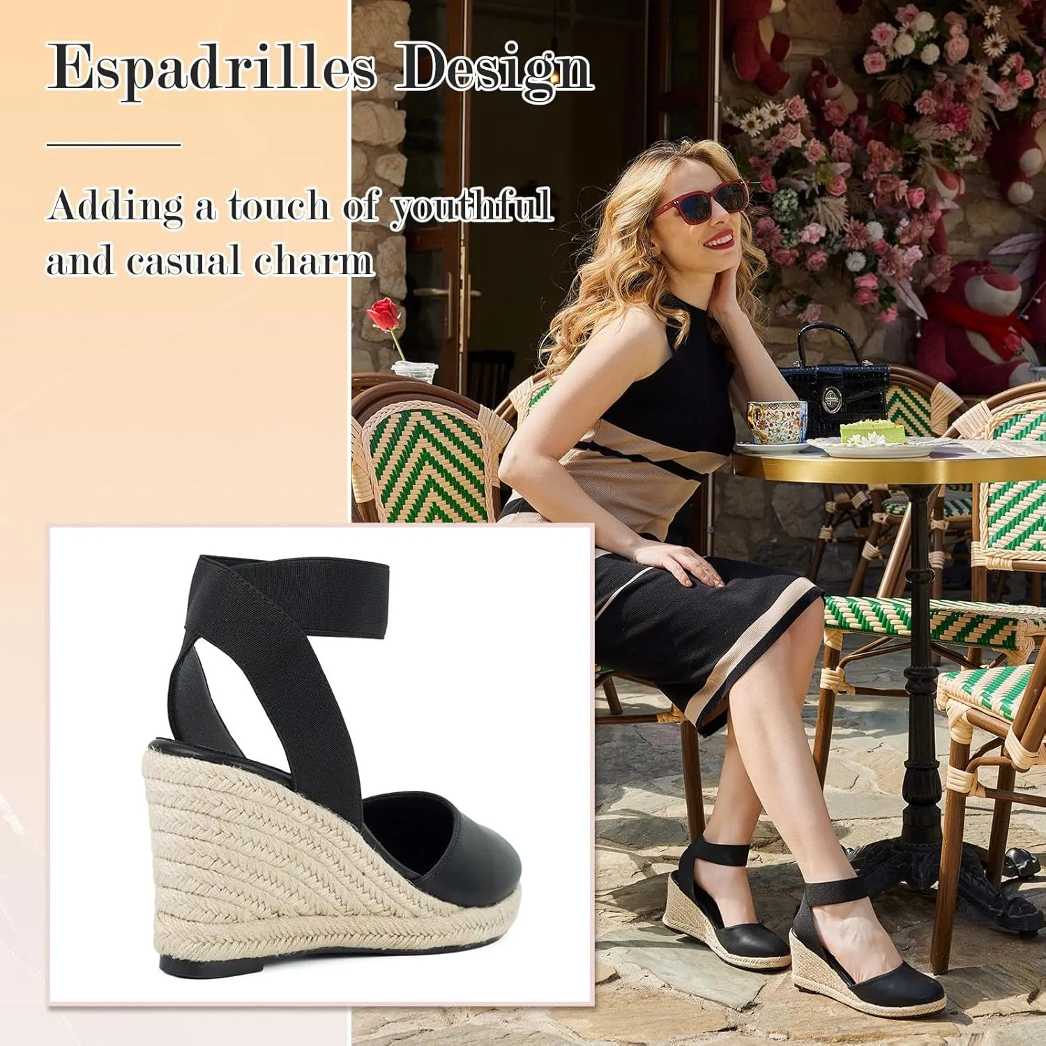 Putu Espadrilles Wedges for Women Closed Toe Wedge Sandals Elastic Ankle Strap Wedge Shoes