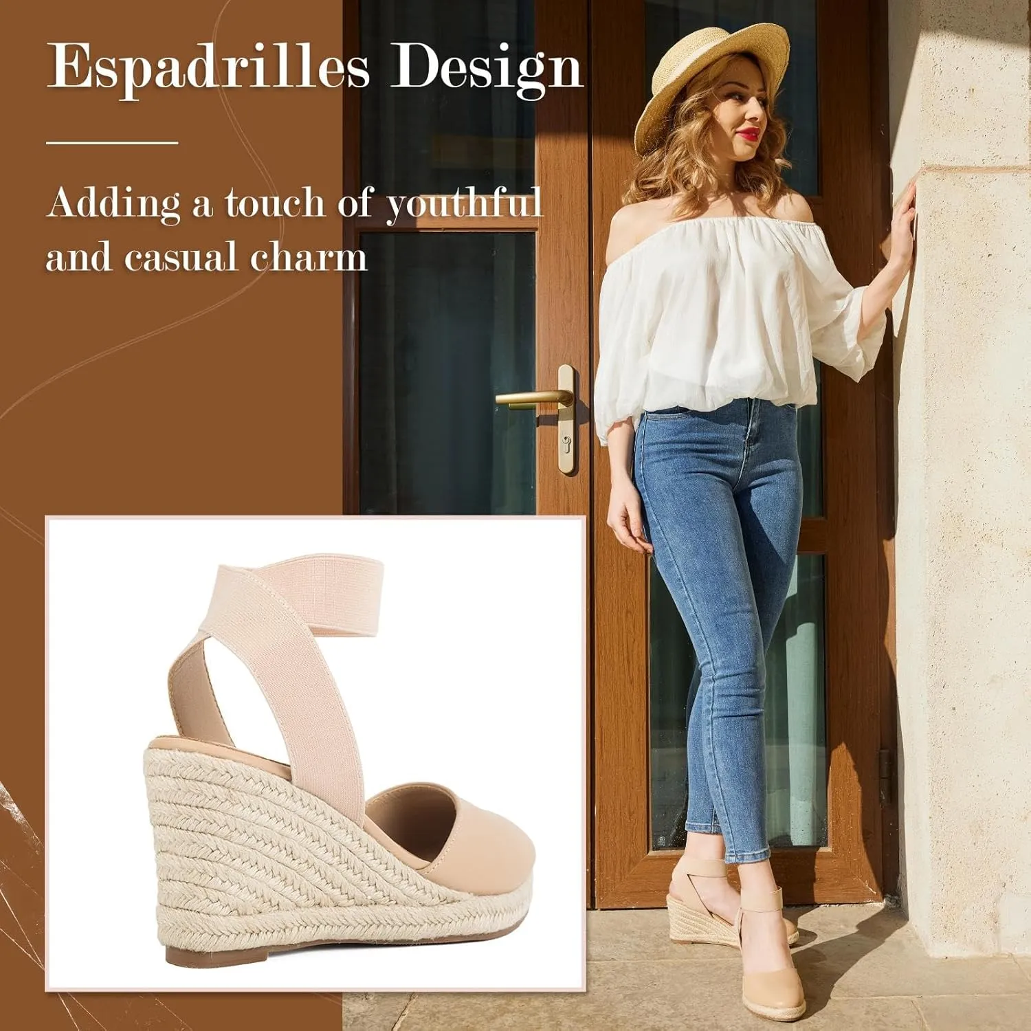 Putu Espadrilles Wedges for Women Closed Toe Wedge Sandals Elastic Ankle Strap Wedge Shoes
