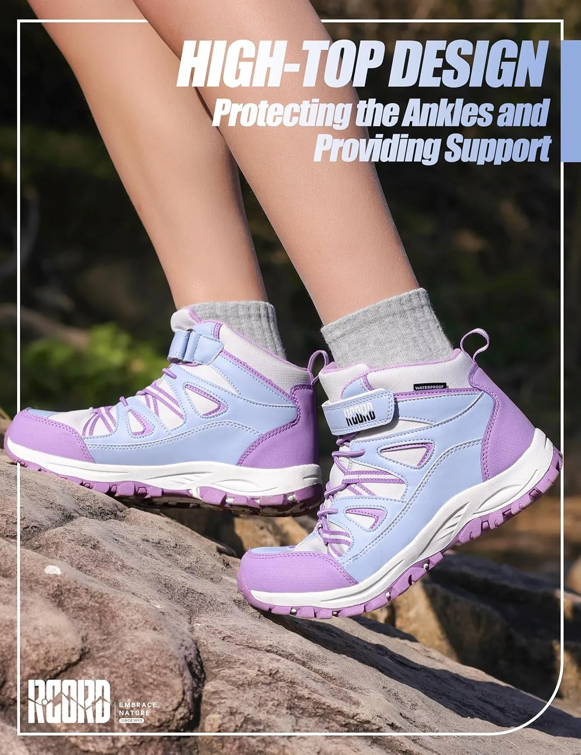 R CORD Girls Hiking Boots Waterproof Durable Kids Hiking Boots TPR Traction Hook&Loop Closure Girls Hiking Boots Anti-Skid Athletic Outdoor Boots