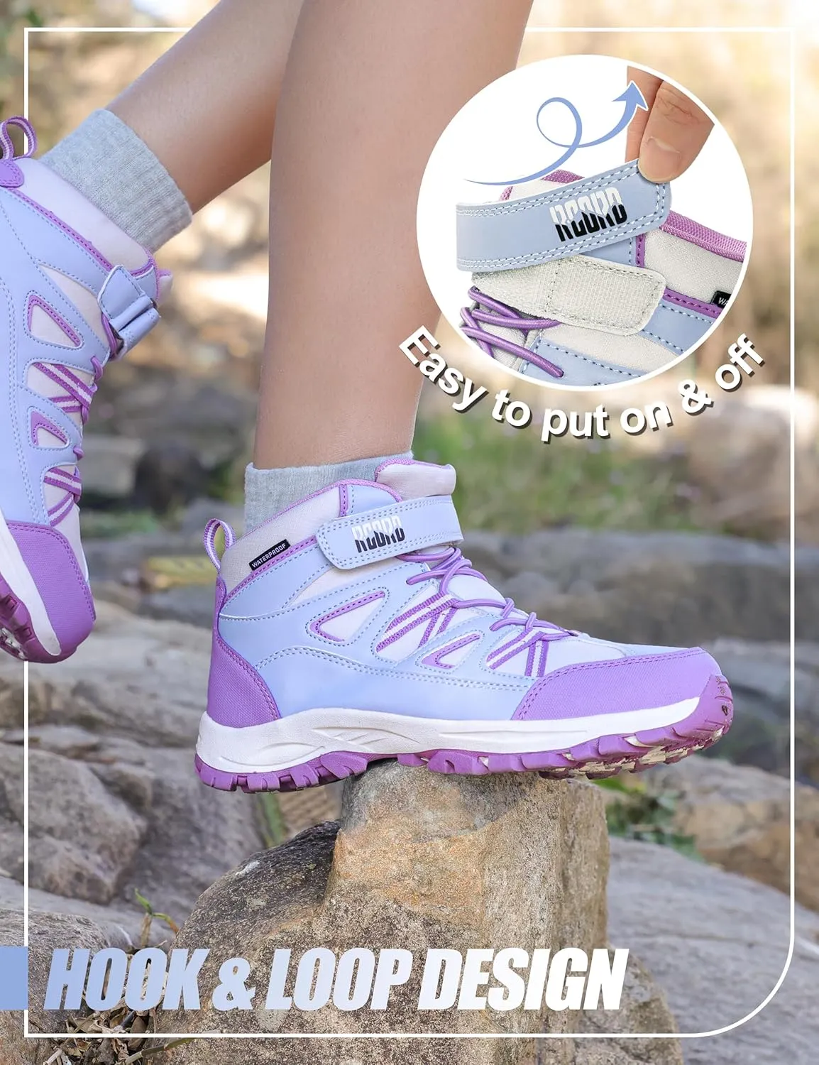 R CORD Girls Hiking Boots Waterproof Durable Kids Hiking Boots TPR Traction Hook&Loop Closure Girls Hiking Boots Anti-Skid Athletic Outdoor Boots