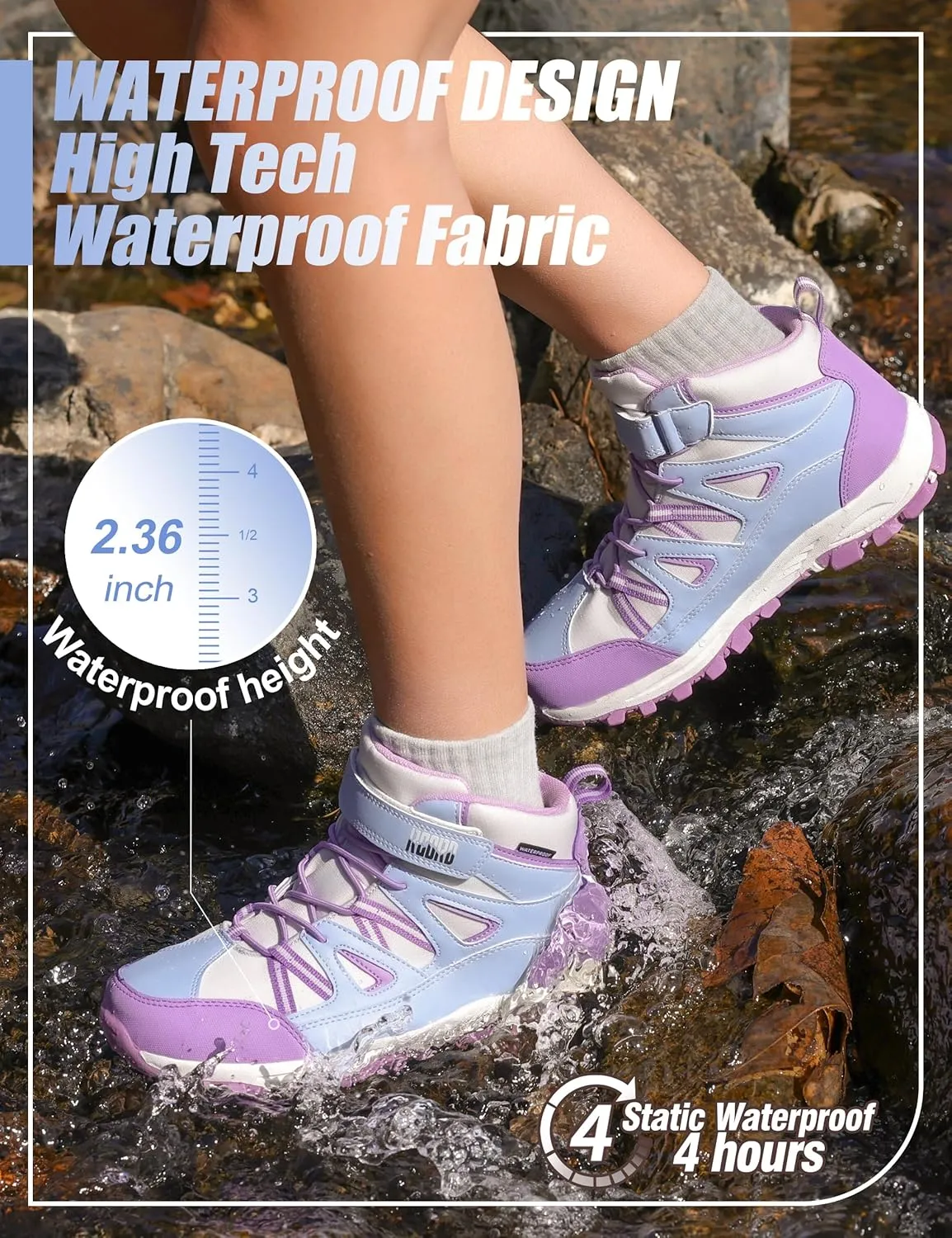 R CORD Girls Hiking Boots Waterproof Durable Kids Hiking Boots TPR Traction Hook&Loop Closure Girls Hiking Boots Anti-Skid Athletic Outdoor Boots