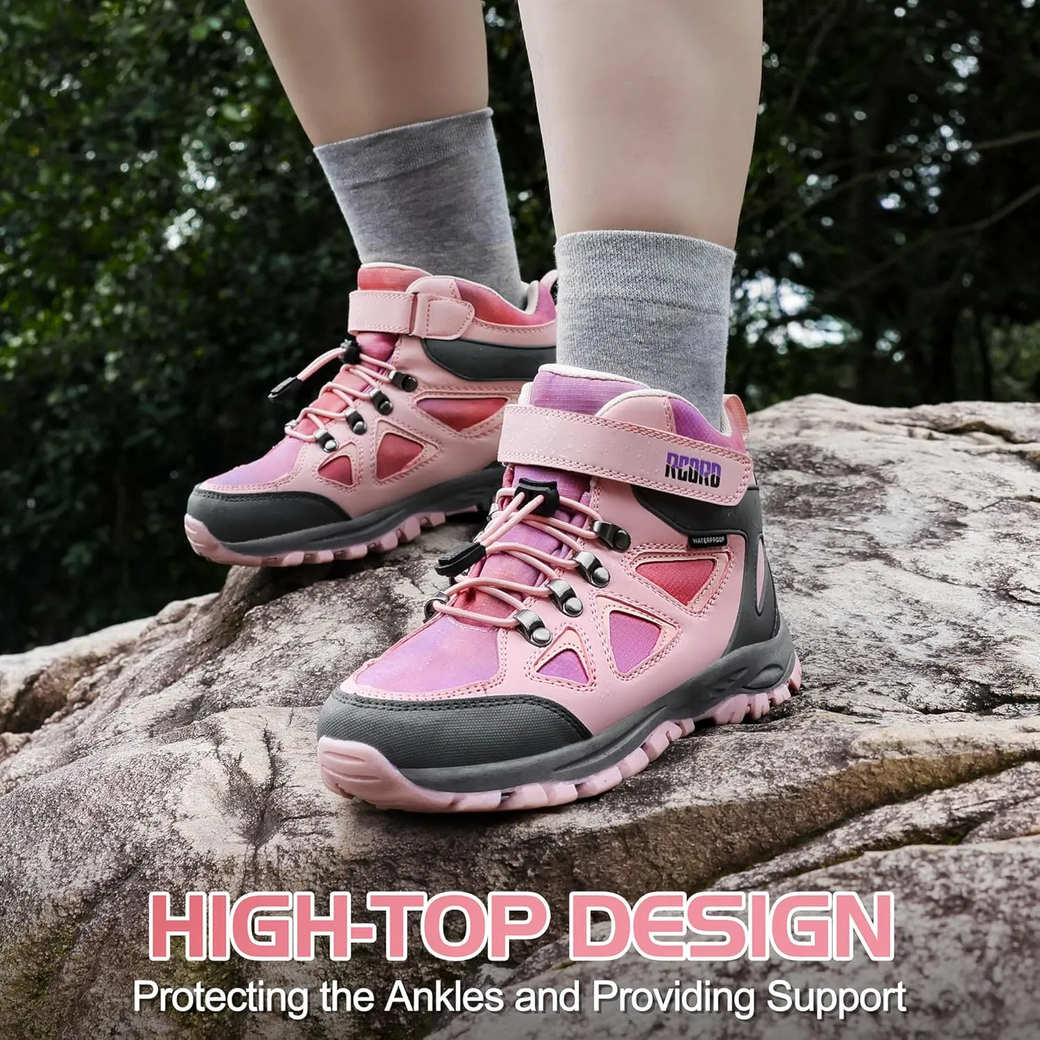 R CORD Kids Hiking Boots Drawstring Closure Girls Hiking Boots Waterproof Durable TPR Traction Outsole Anti-Skid Athletic Outdoor Boots