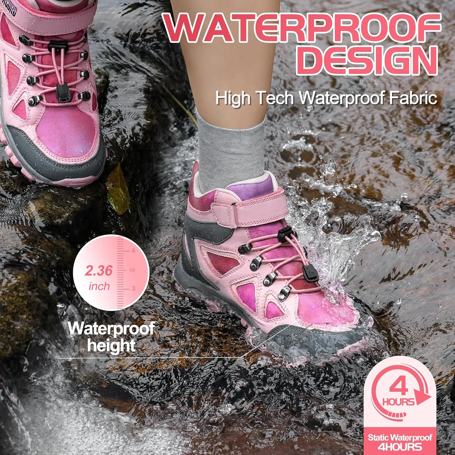 R CORD Kids Hiking Boots Drawstring Closure Girls Hiking Boots Waterproof Durable TPR Traction Outsole Anti-Skid Athletic Outdoor Boots