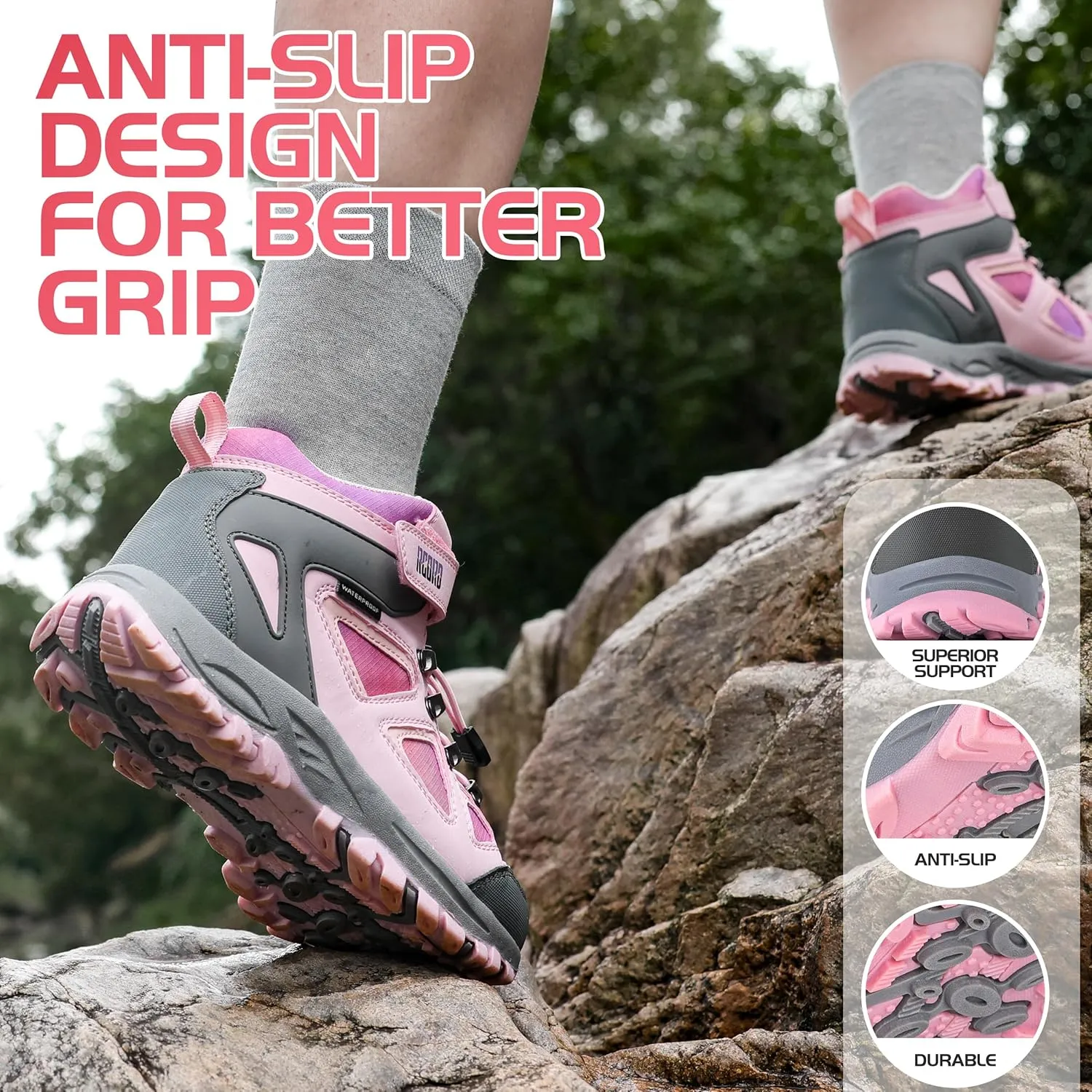 R CORD Kids Hiking Boots Drawstring Closure Girls Hiking Boots Waterproof Durable TPR Traction Outsole Anti-Skid Athletic Outdoor Boots