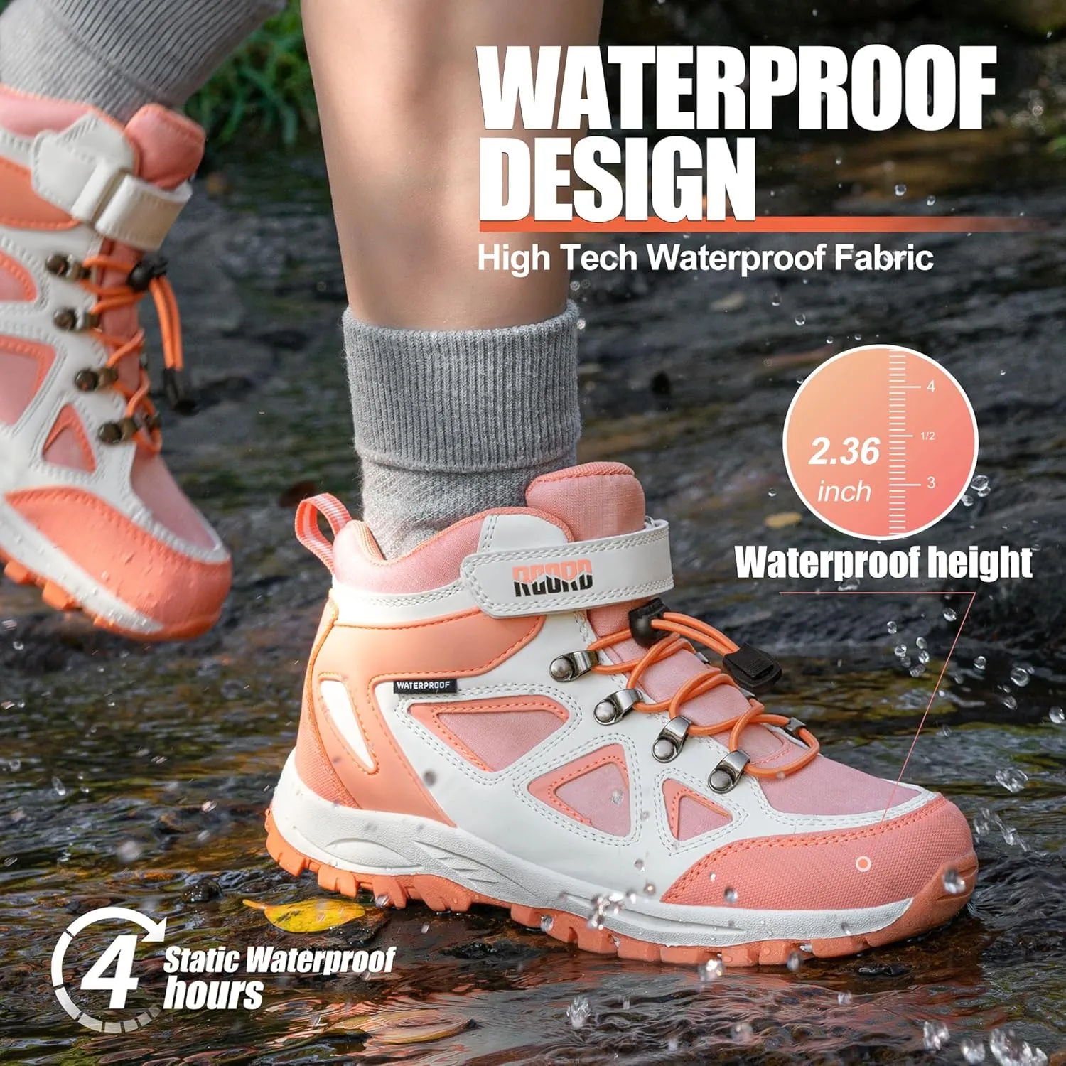 R CORD Kids Hiking Boots Drawstring Closure Girls Hiking Boots Waterproof Durable TPR Traction Outsole Anti-Skid Athletic Outdoor Boots