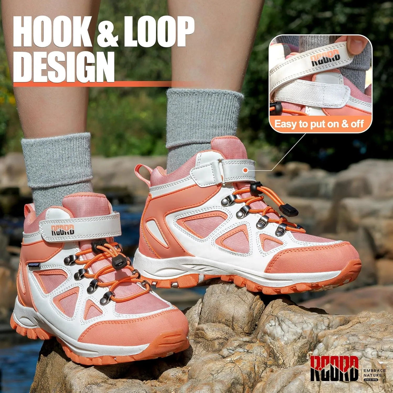 R CORD Kids Hiking Boots Drawstring Closure Girls Hiking Boots Waterproof Durable TPR Traction Outsole Anti-Skid Athletic Outdoor Boots
