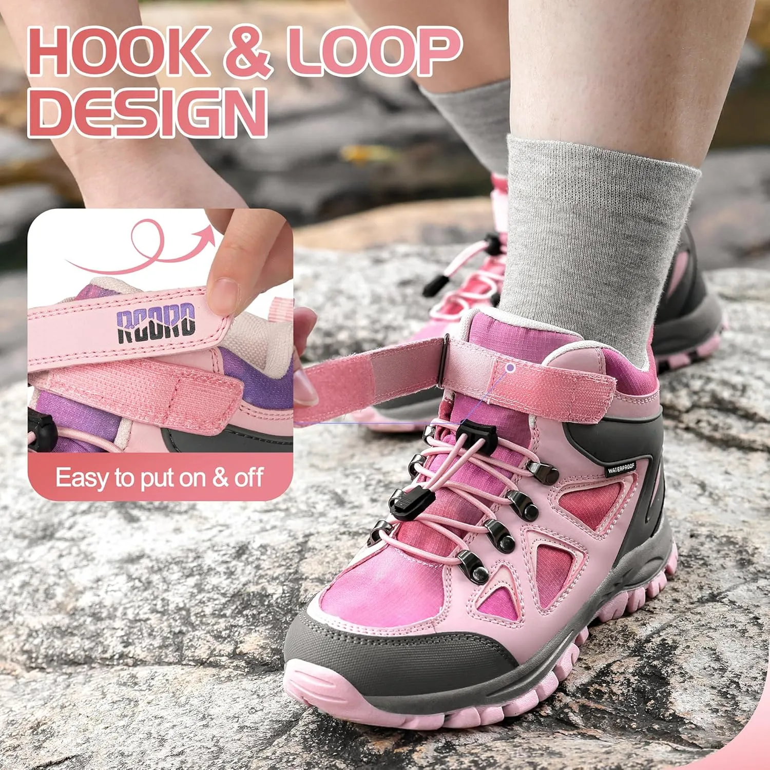 R CORD Kids Hiking Boots Drawstring Closure Girls Hiking Boots Waterproof Durable TPR Traction Outsole Anti-Skid Athletic Outdoor Boots