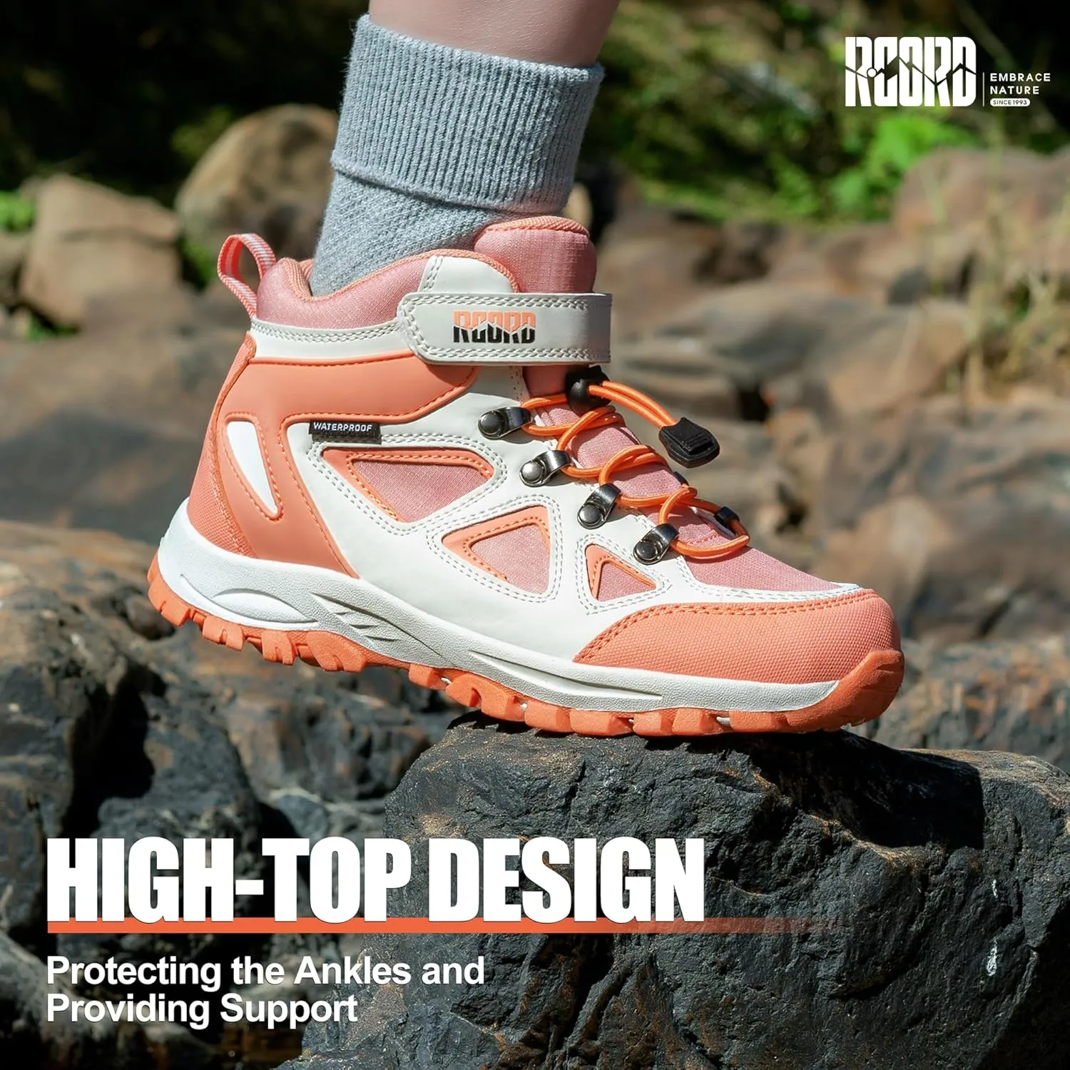 R CORD Kids Hiking Boots Drawstring Closure Girls Hiking Boots Waterproof Durable TPR Traction Outsole Anti-Skid Athletic Outdoor Boots