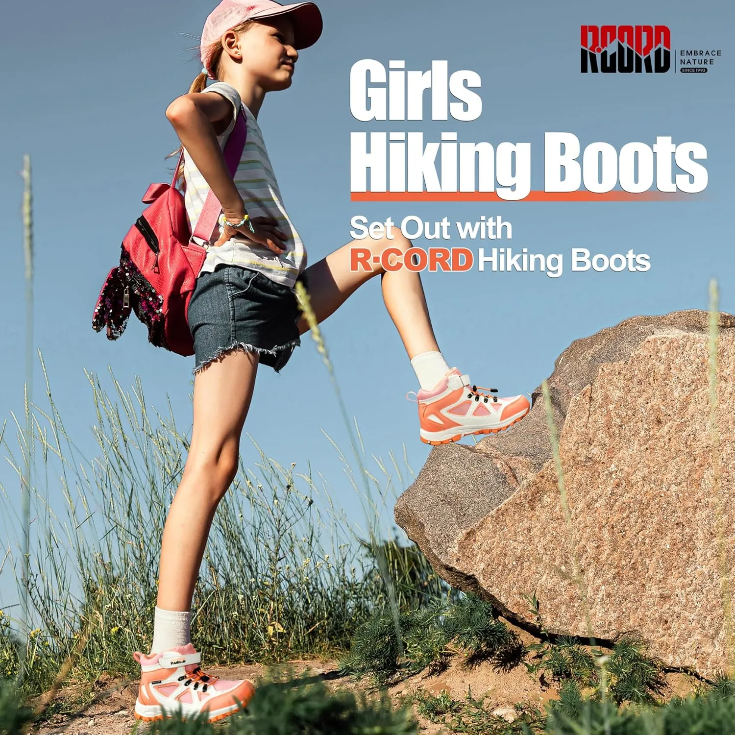 R CORD Kids Hiking Boots Drawstring Closure Girls Hiking Boots Waterproof Durable TPR Traction Outsole Anti-Skid Athletic Outdoor Boots
