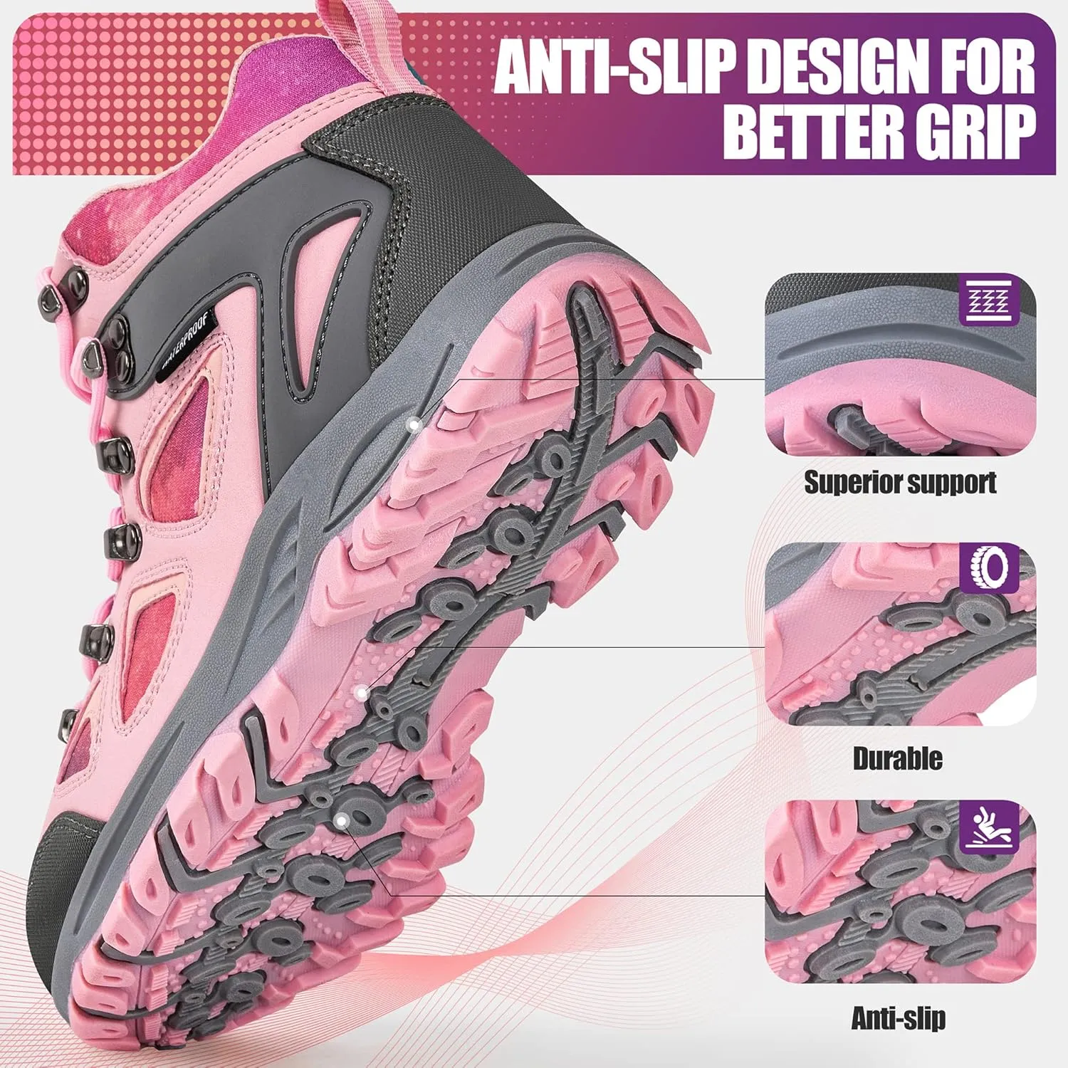 R CORD Kids Hiking Boots Girls Hiking Boots Waterproof Non-Slip for Outdoor Lace-Up Closure Durable TPR Traction Outsole Kids Hiking Shoes