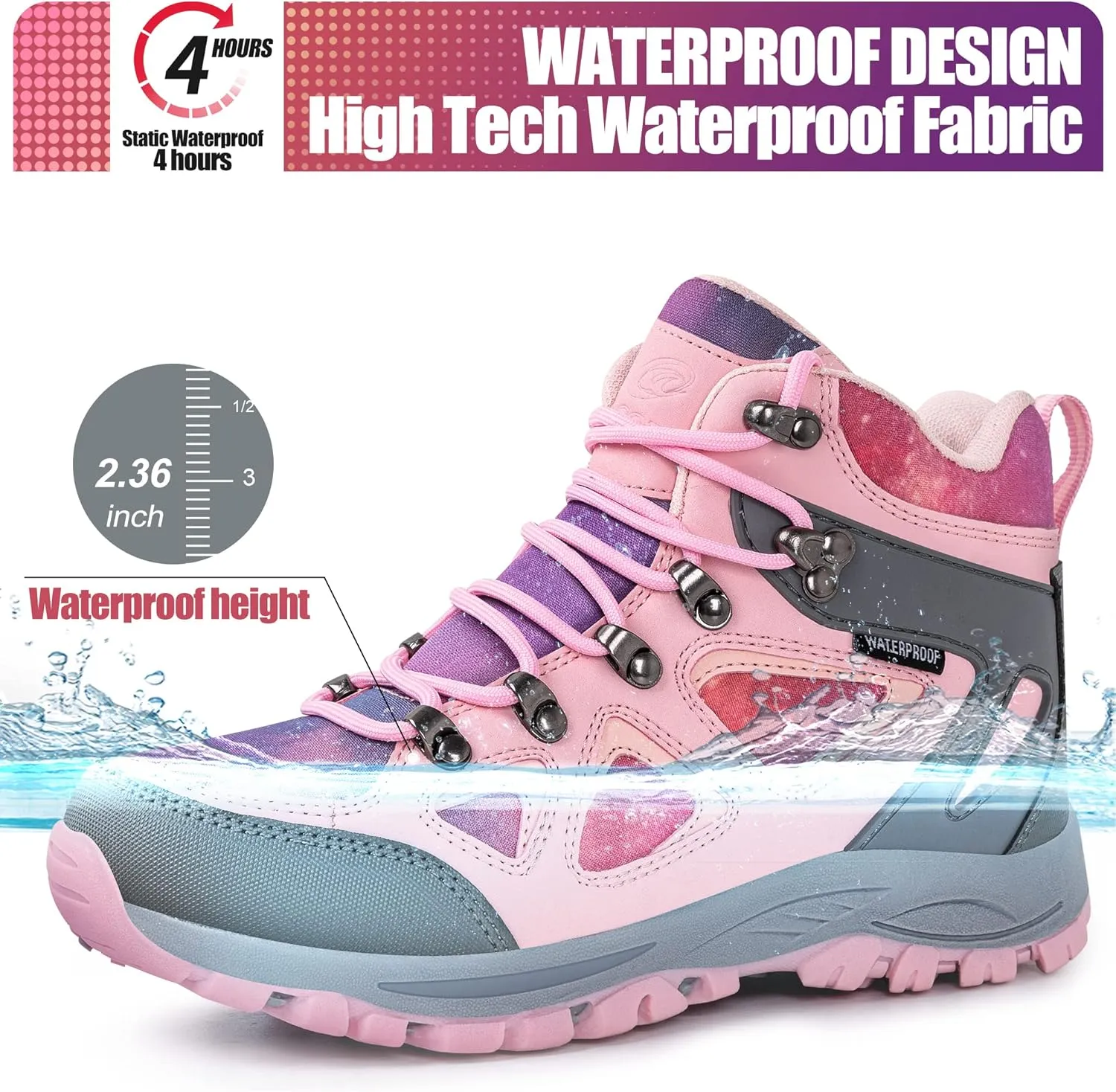R CORD Kids Hiking Boots Girls Hiking Boots Waterproof Non-Slip for Outdoor Lace-Up Closure Durable TPR Traction Outsole Kids Hiking Shoes