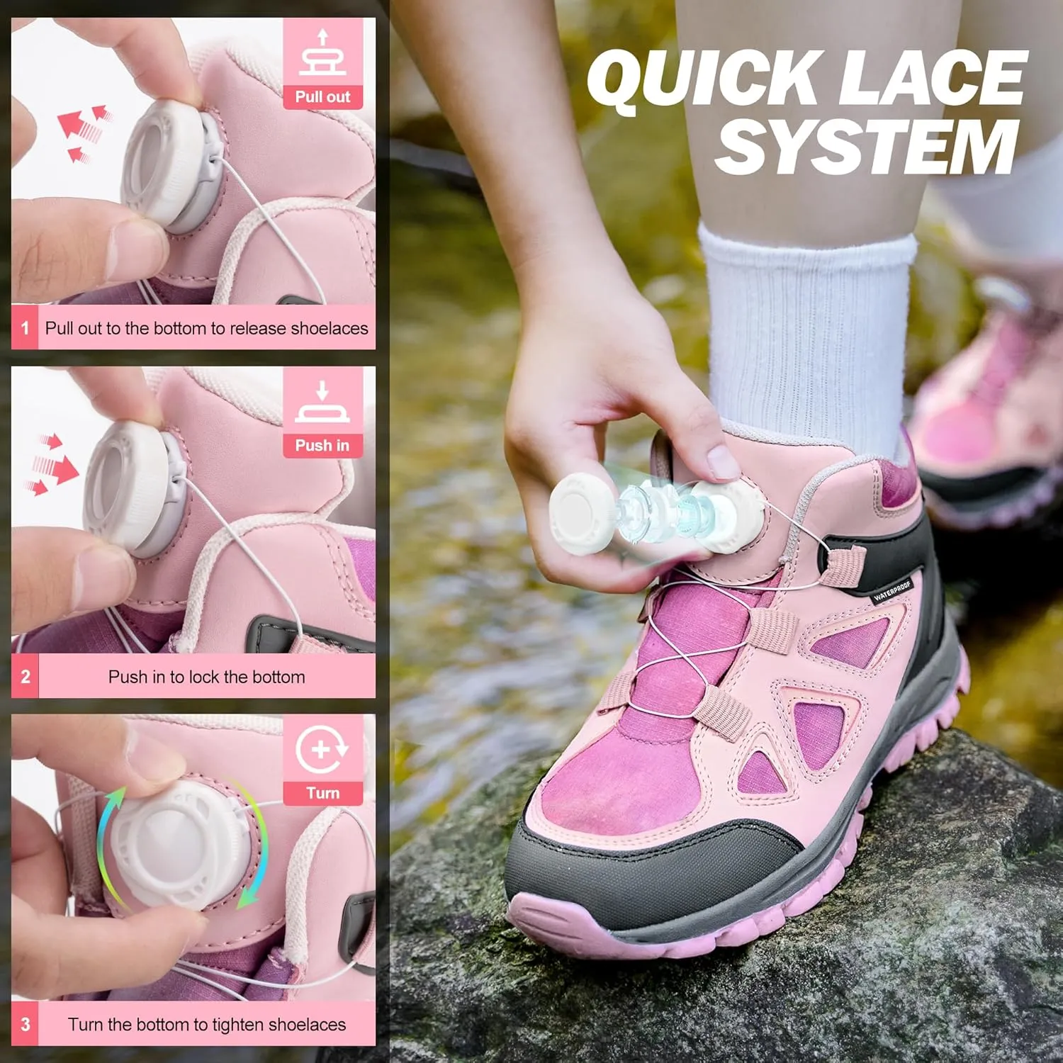 R CORD Kids Hiking Boots Waterproof Durable TPR Traction Outsole Anti-Skid Athletic Lace Up Hiking Shoes for Outdoor Adventure